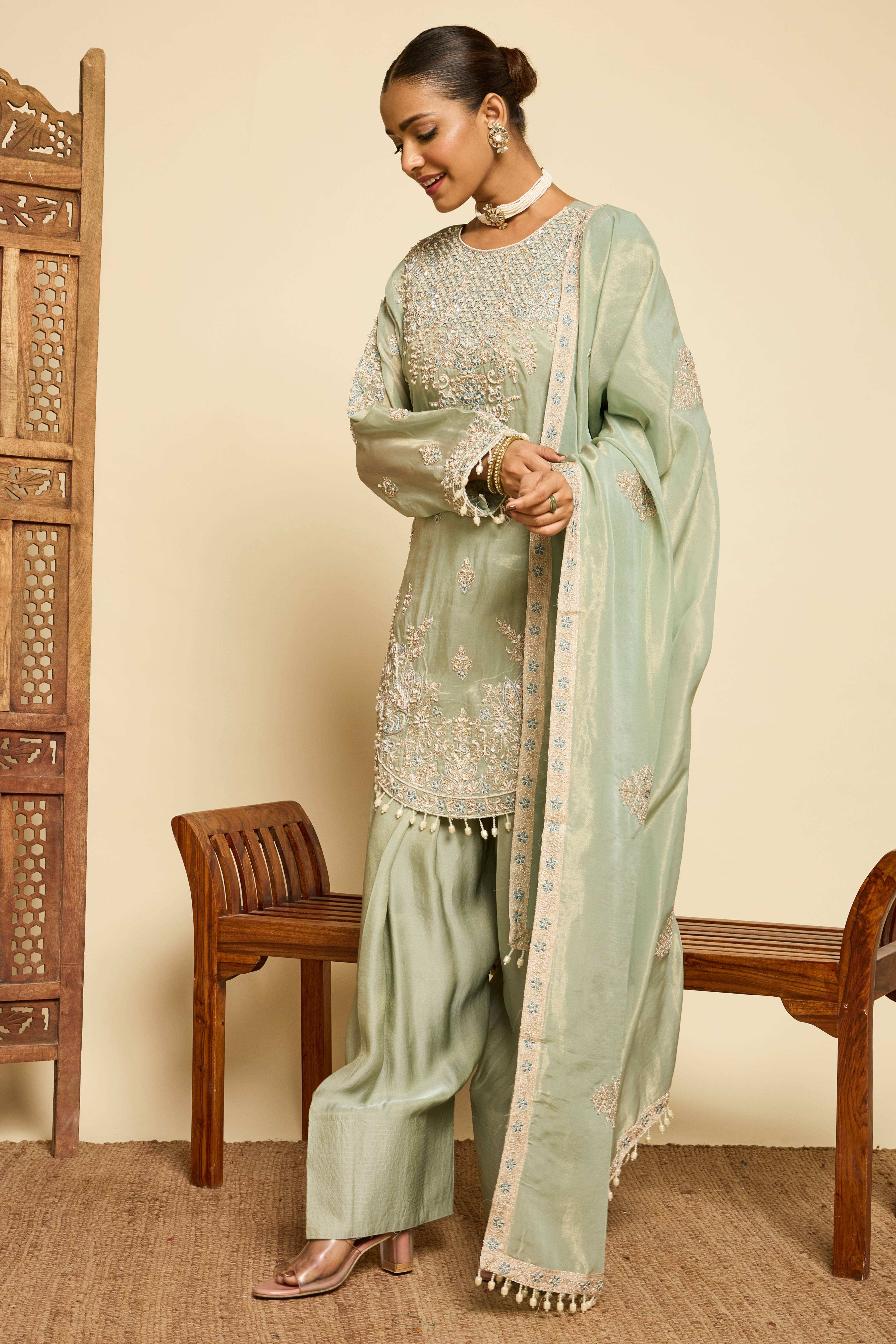 Malang Ice Blue Organza Sharara Set