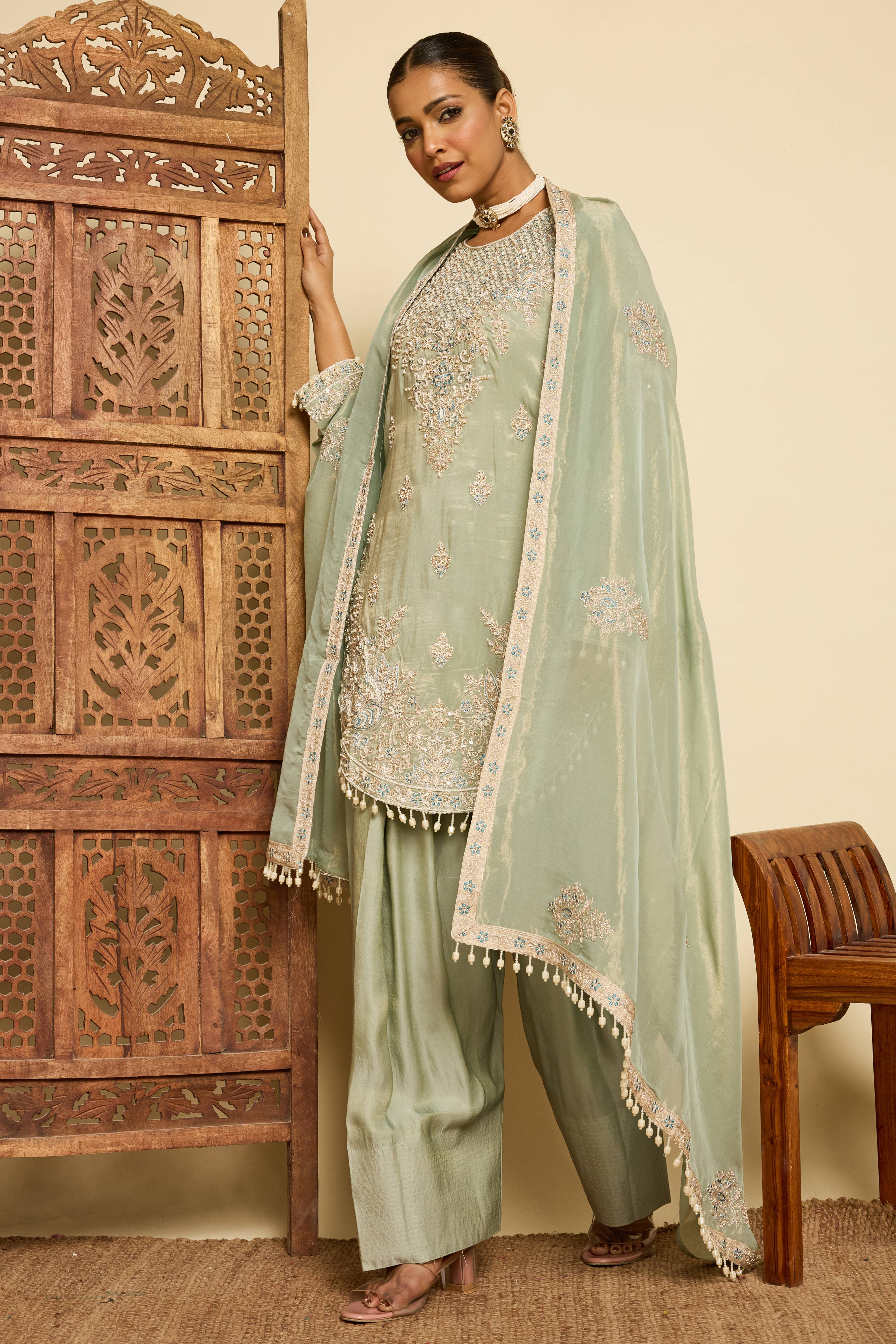Malang Ice Blue Organza Sharara Set