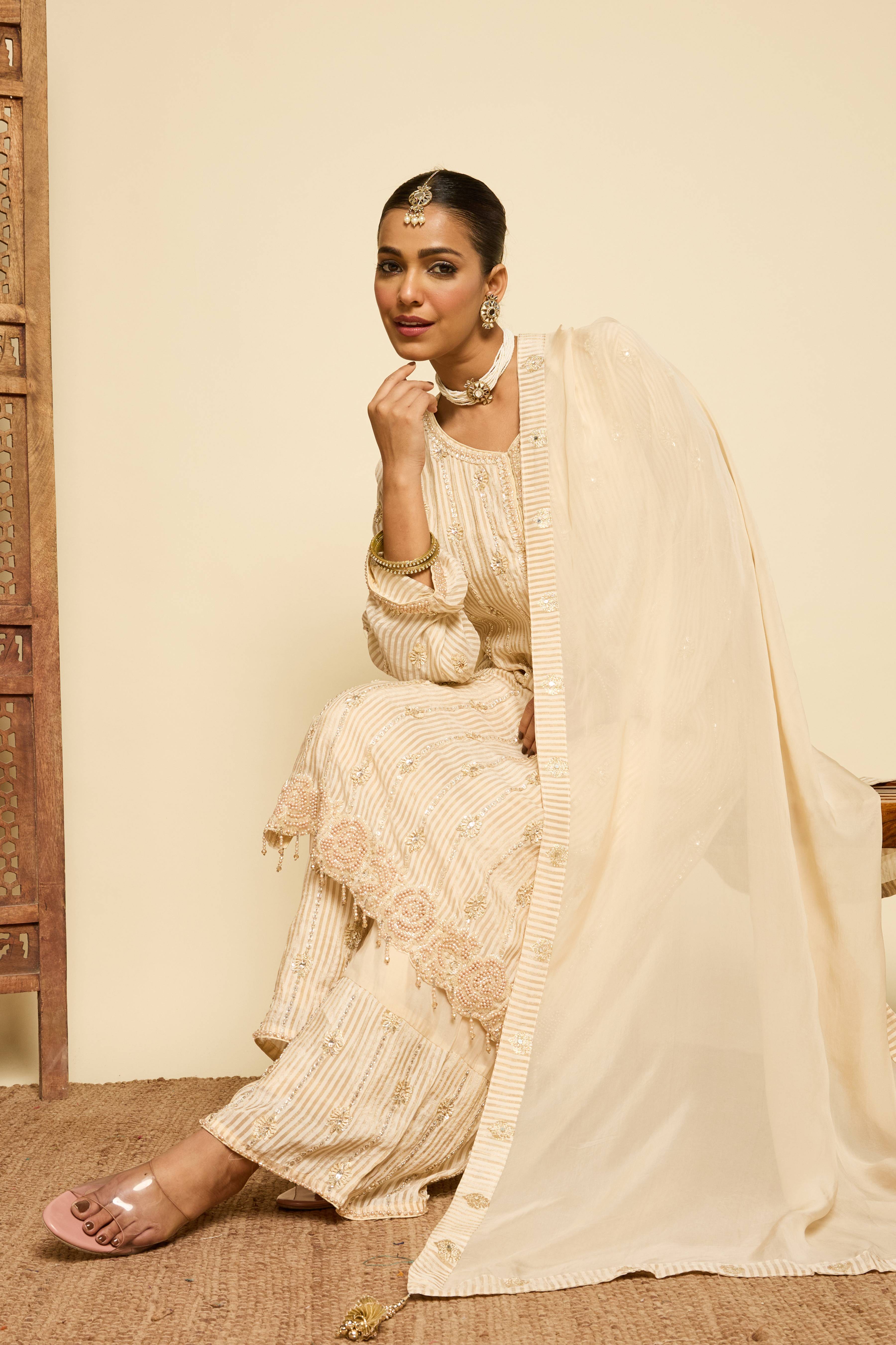 Malang Ivory Stripe Sharara Set