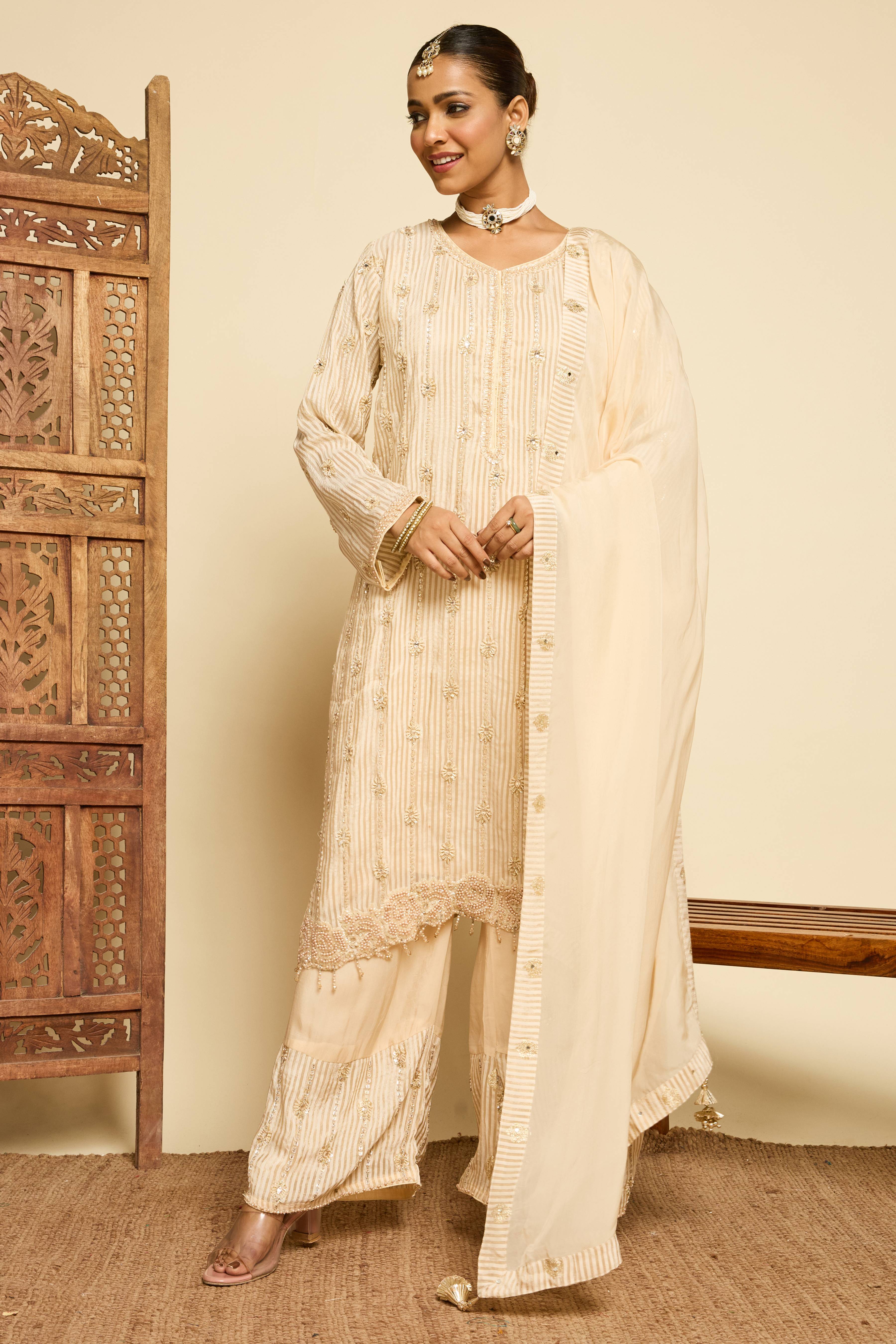 Malang Ivory Stripe Sharara Set