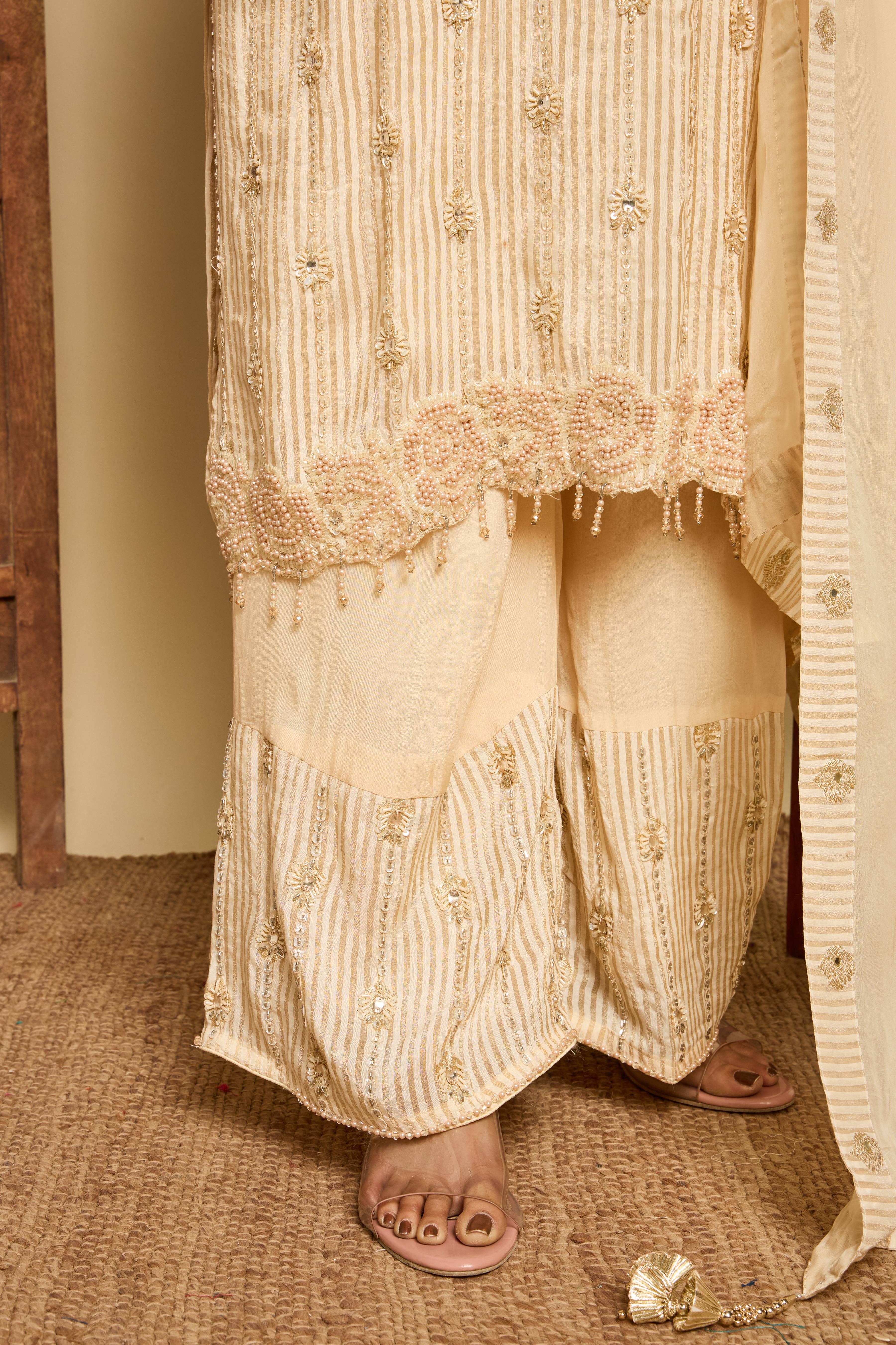 Malang Ivory Stripe Sharara Set