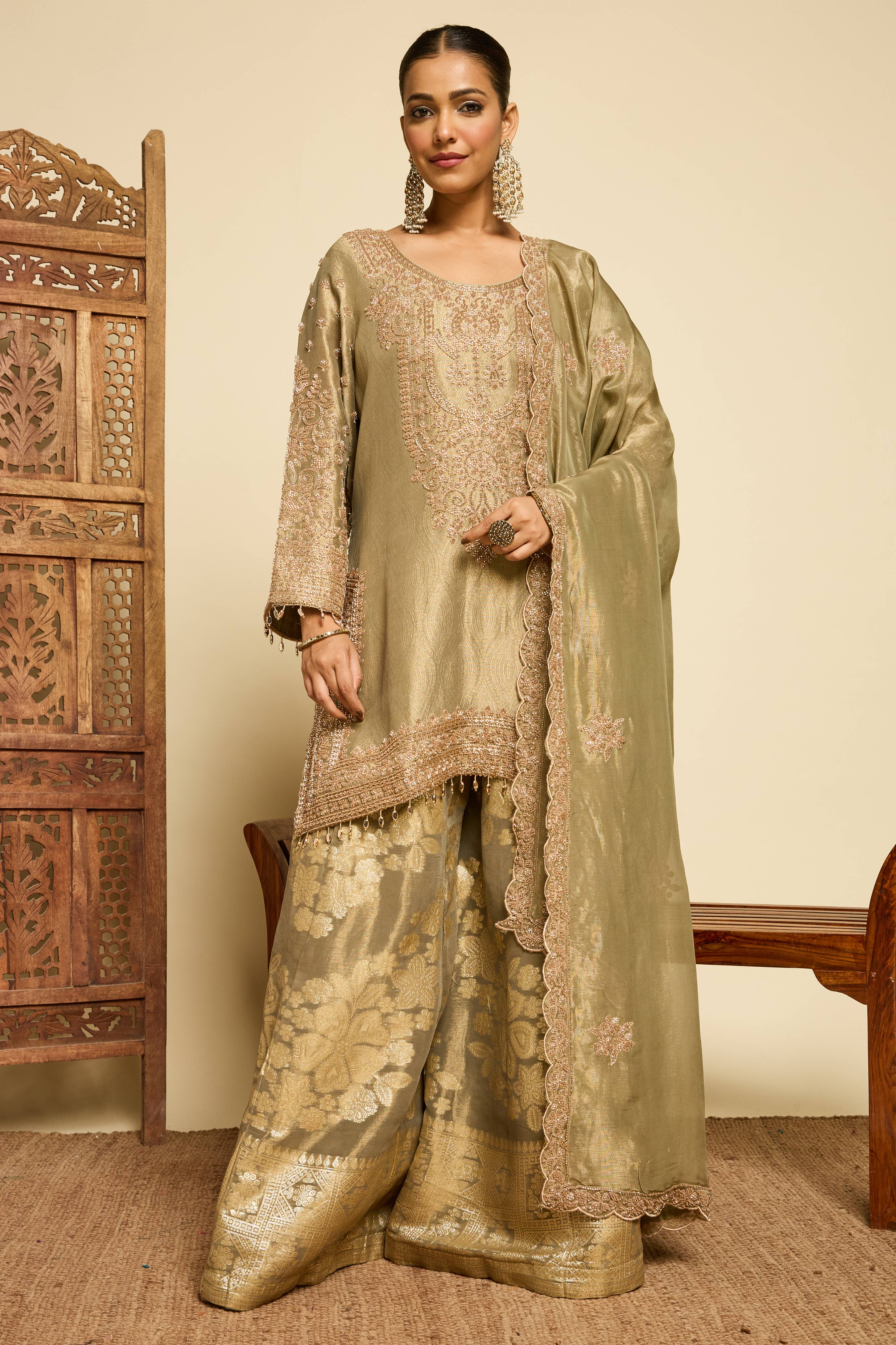 Malang Sage Brocade Sharara Set