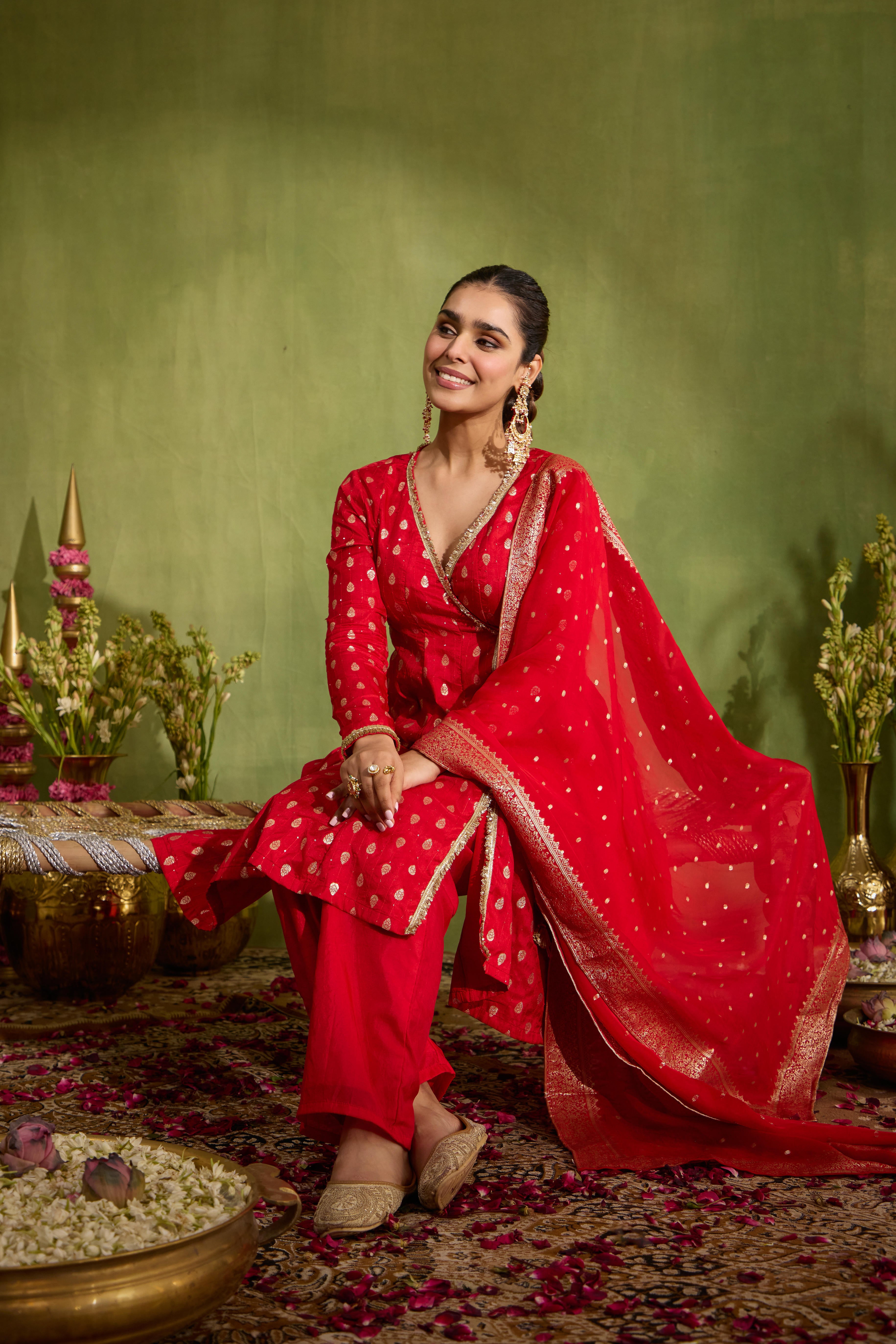 Malang Shahi Red Angrakha Anarkali Set