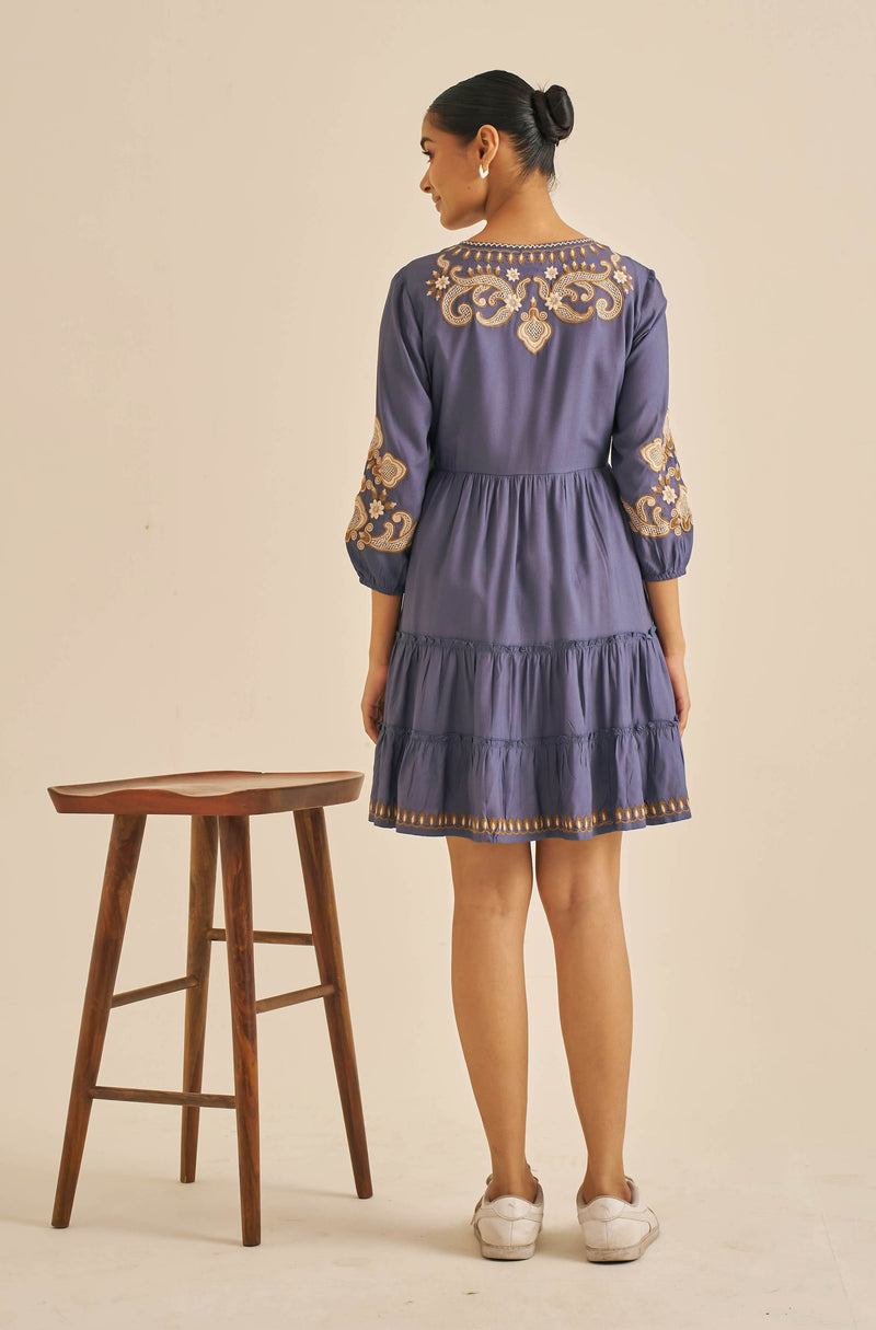 Meher Navy Embroidered Tiered Summer Dress