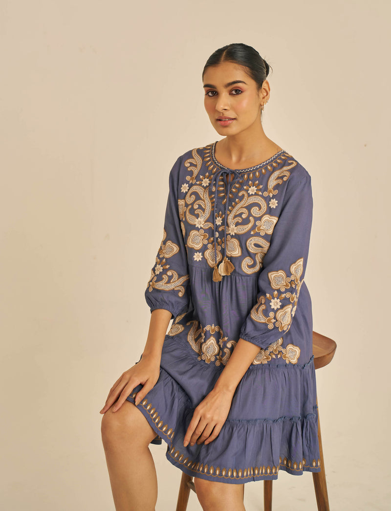 Meher Navy Embroidered Tiered Summer Dress