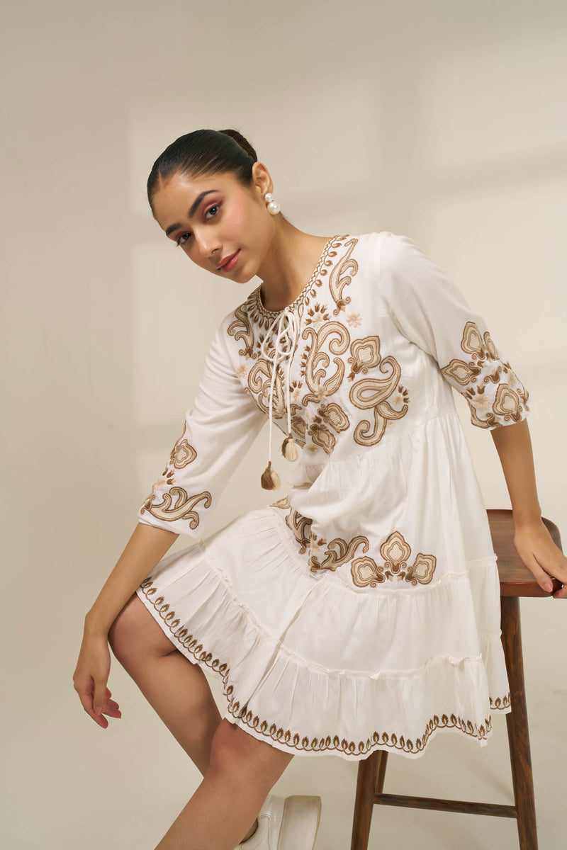 Meher White Embroidered Tiered Summer Dress