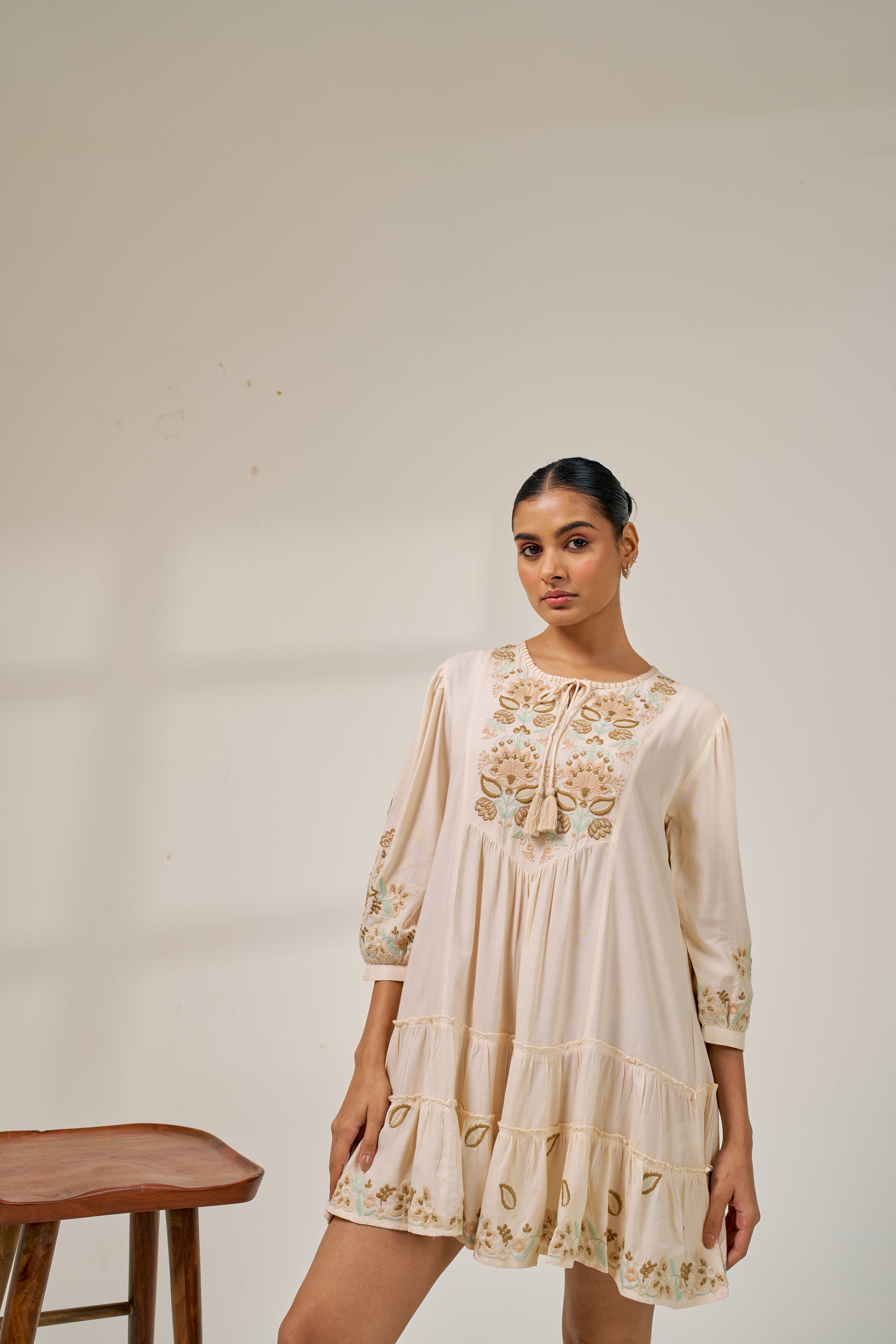 Alaya Meher Beige Bloom Embroidered Dress