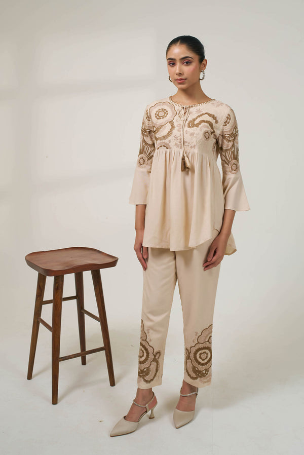 Meher Beige Embroidered Peplum Co-ord Set