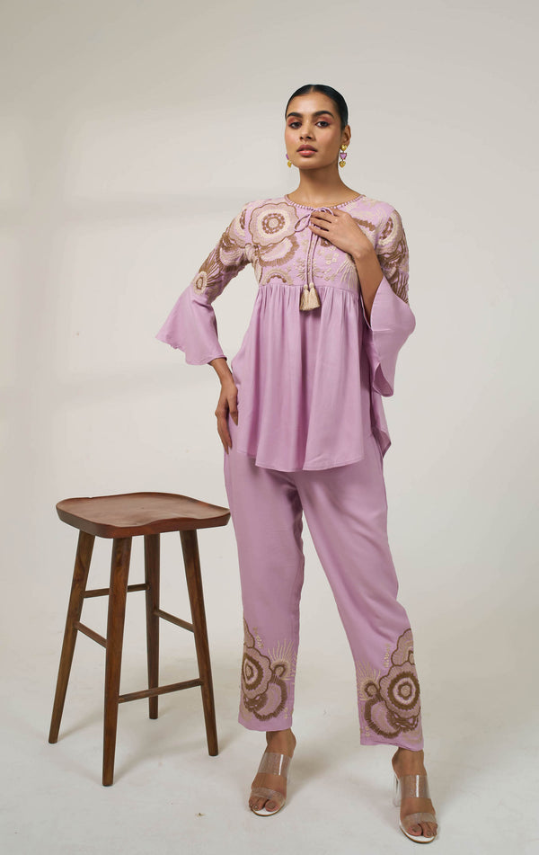Meher Lilac Embroidered Peplum Co-ord