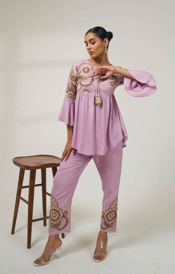 Meher Lilac Embroidered Peplum Co-ord