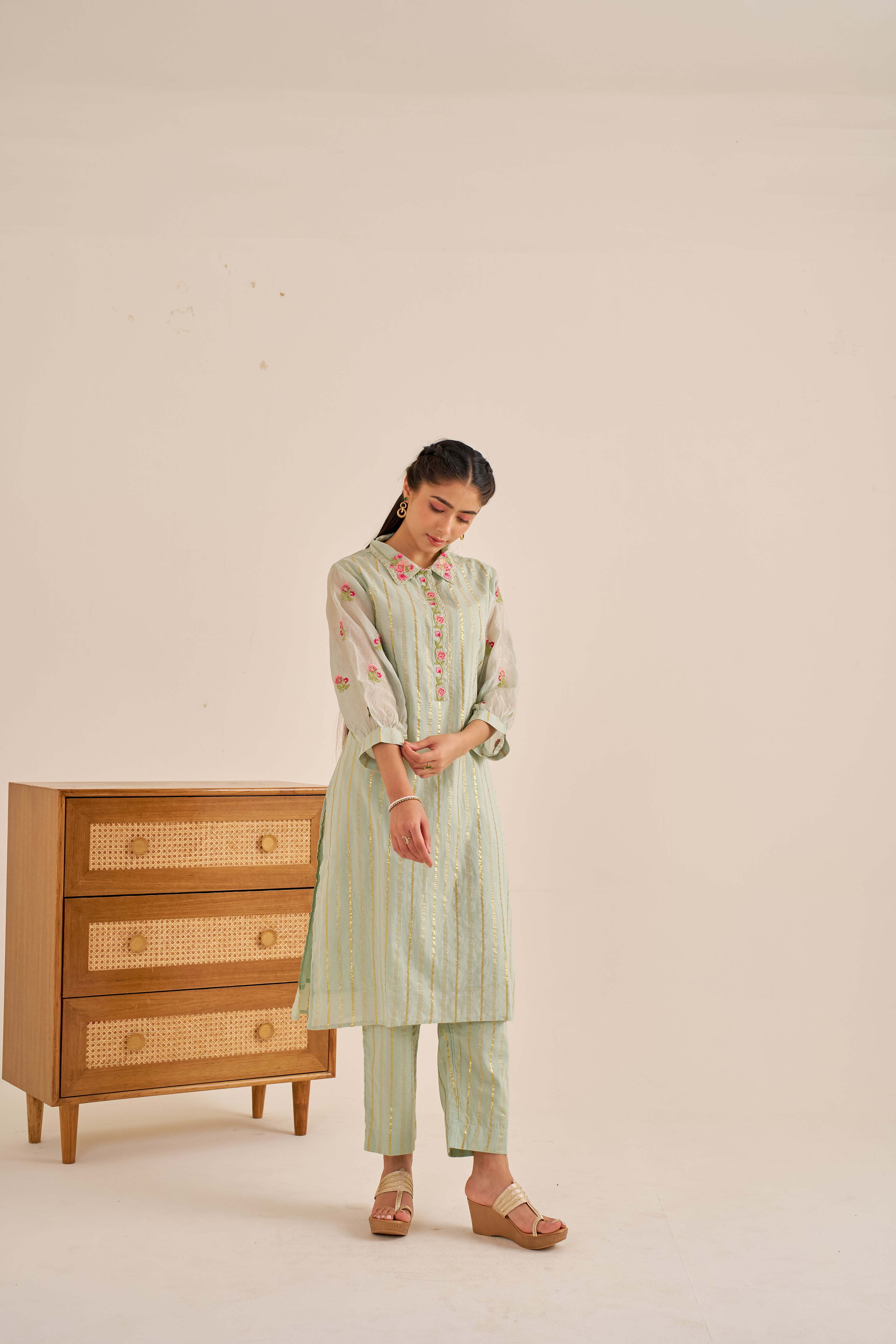 Alaya Meher Green Embroidered Lurex Kurta Set