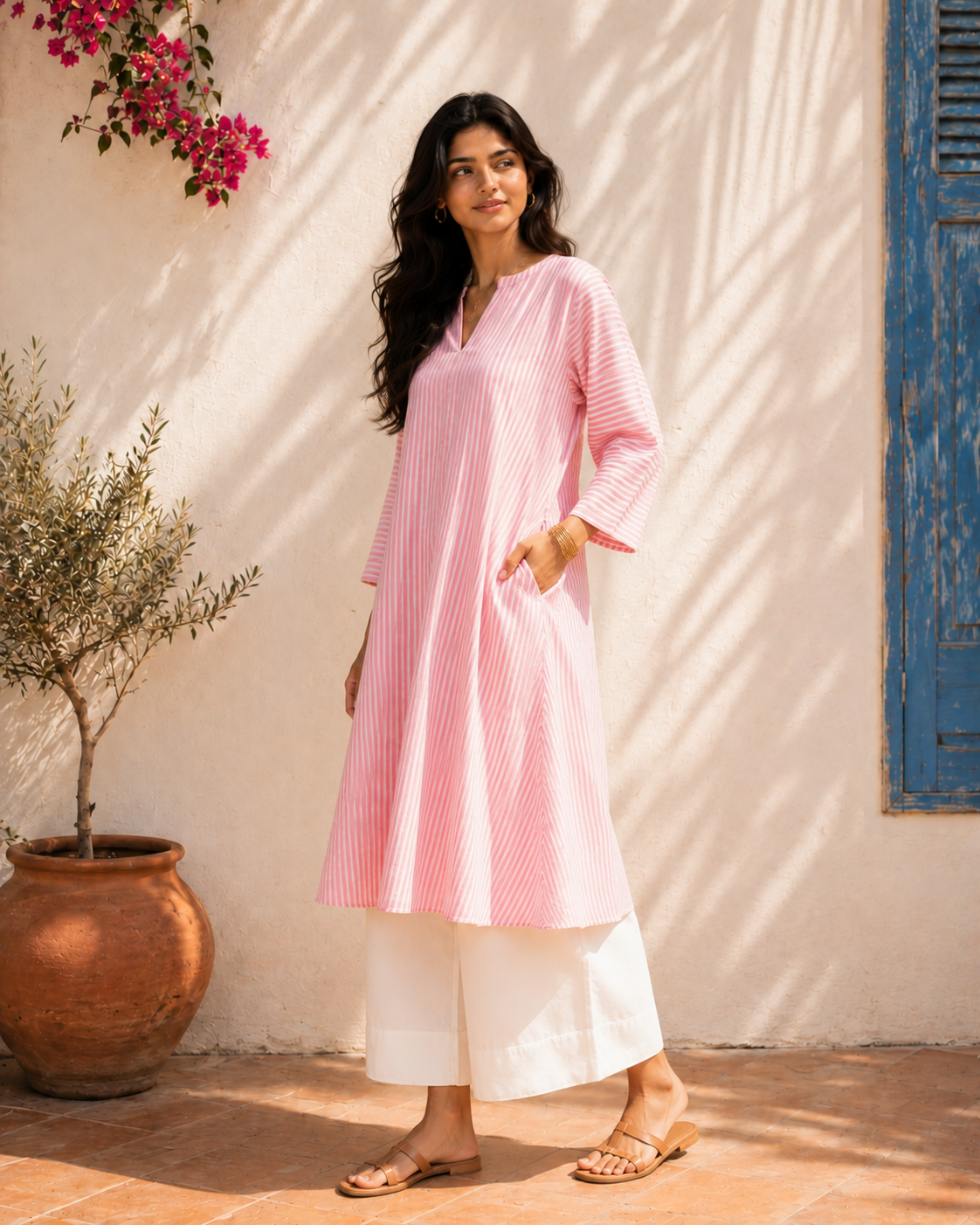 Aahista Pink Stripe Kurta Set 1