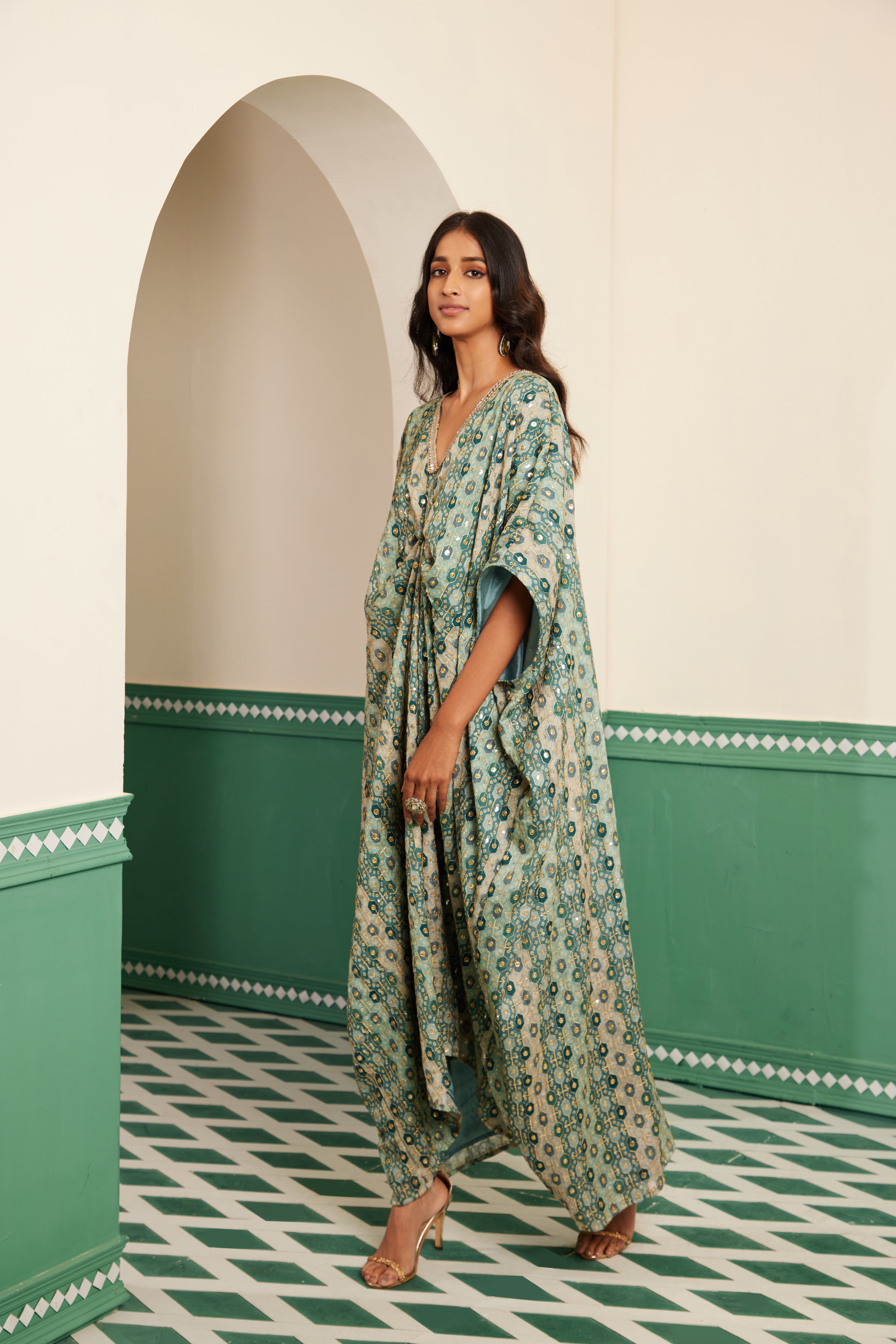 Sajda Teal Tonal Embroidered Kaftan