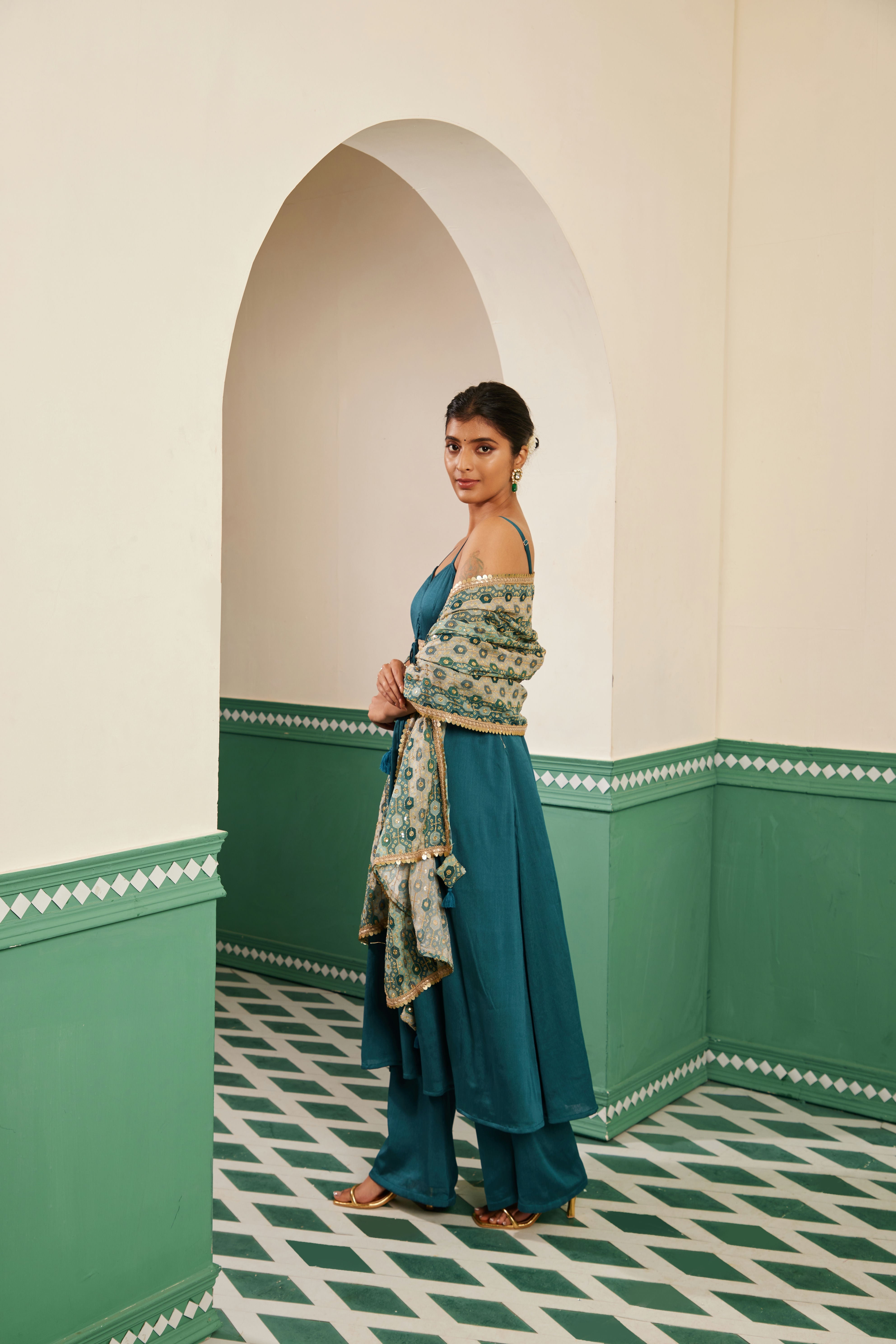 Sajda Teal Tie Up Anarkali Dress