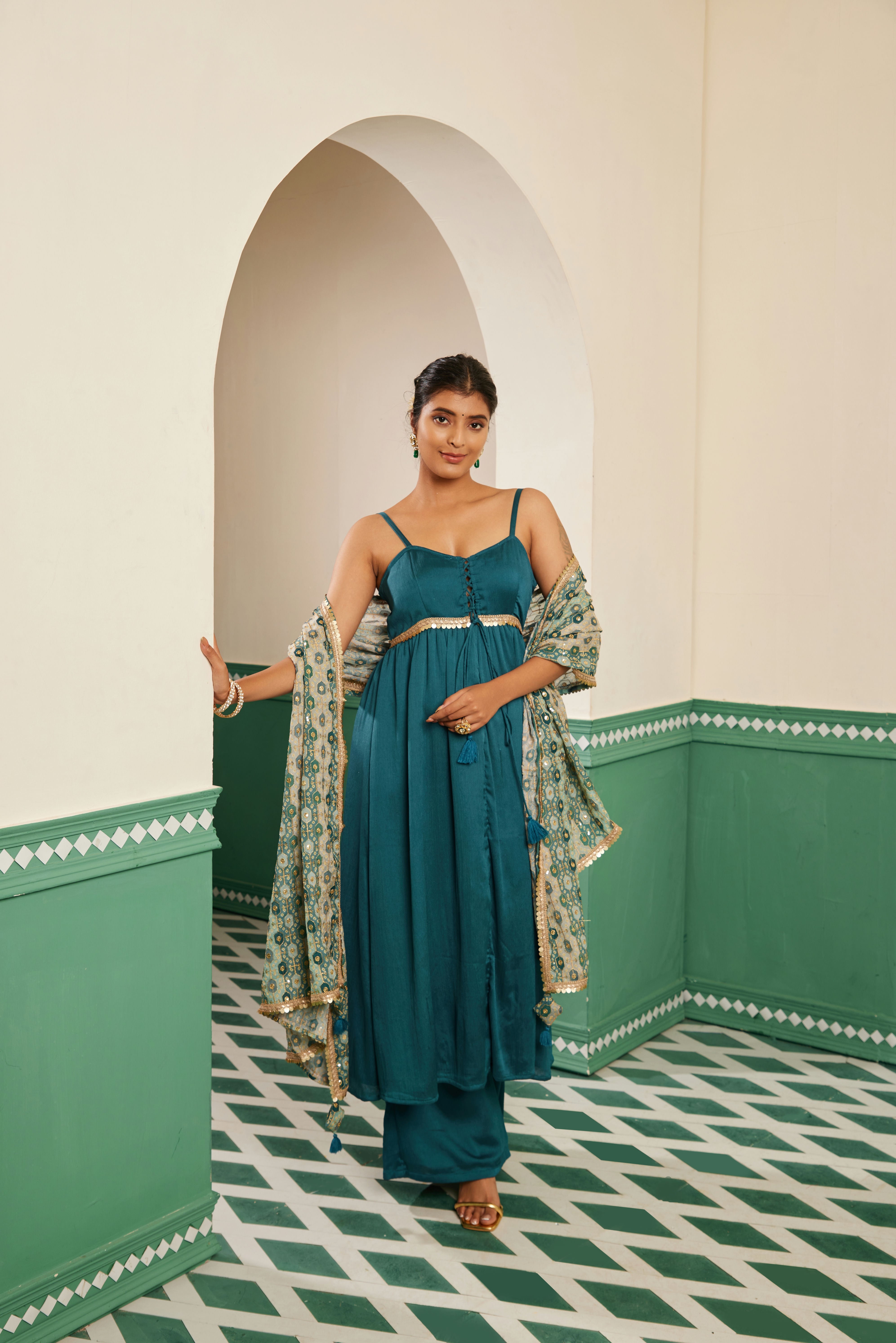 Sajda Teal Tie Up Anarkali Dress