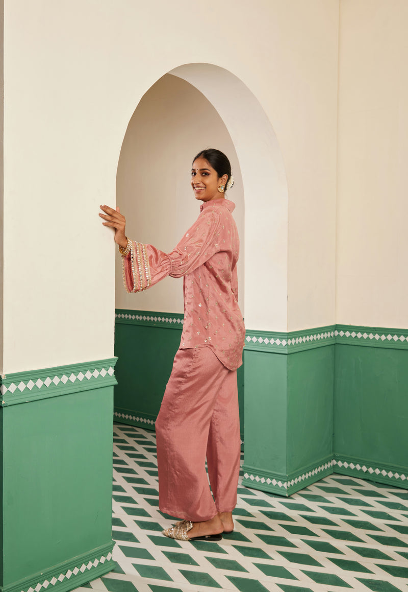 Sajda Onion Pink Zari Embroidered Shirt