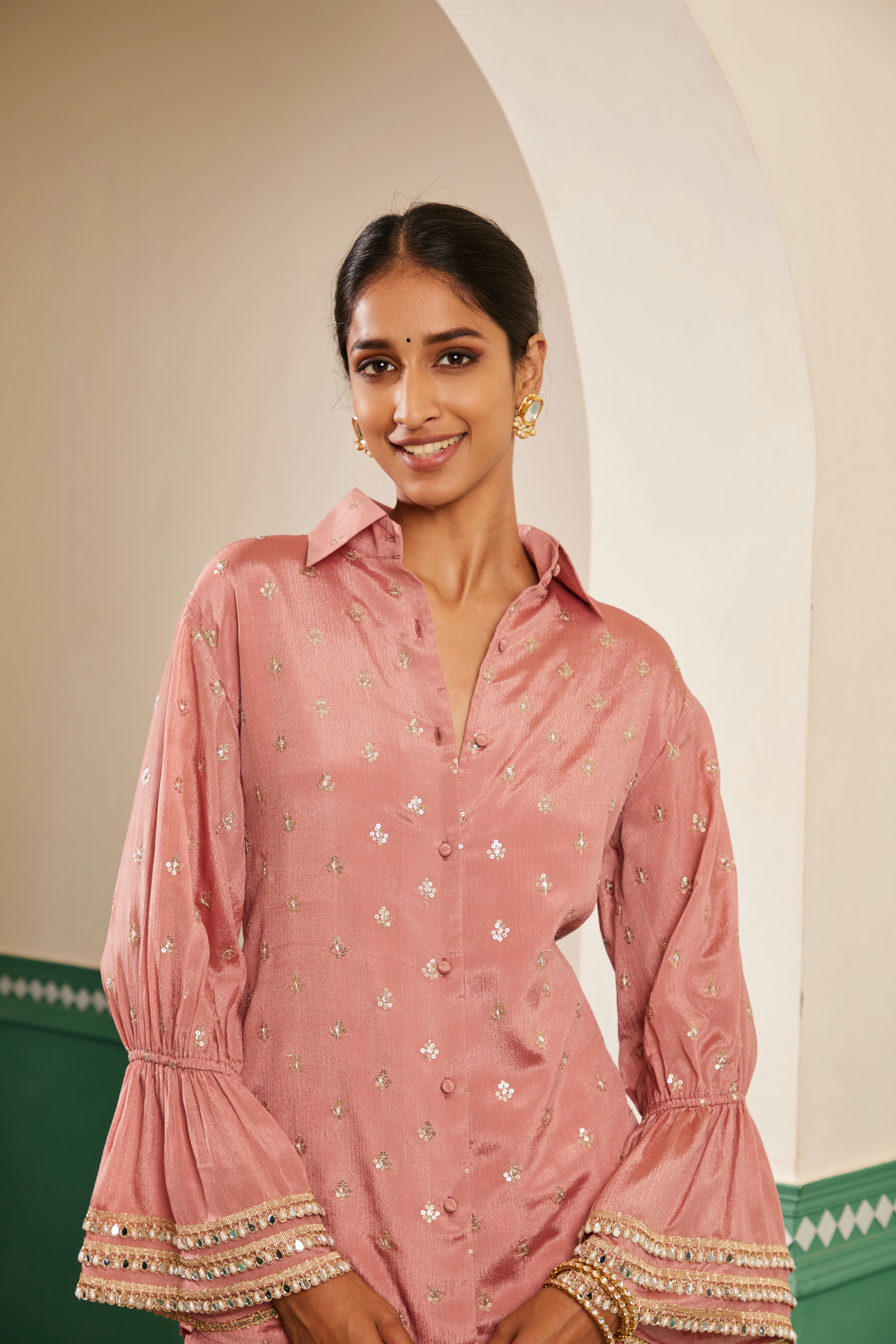 Sajda Onion Pink Zari Embroidered Shirt