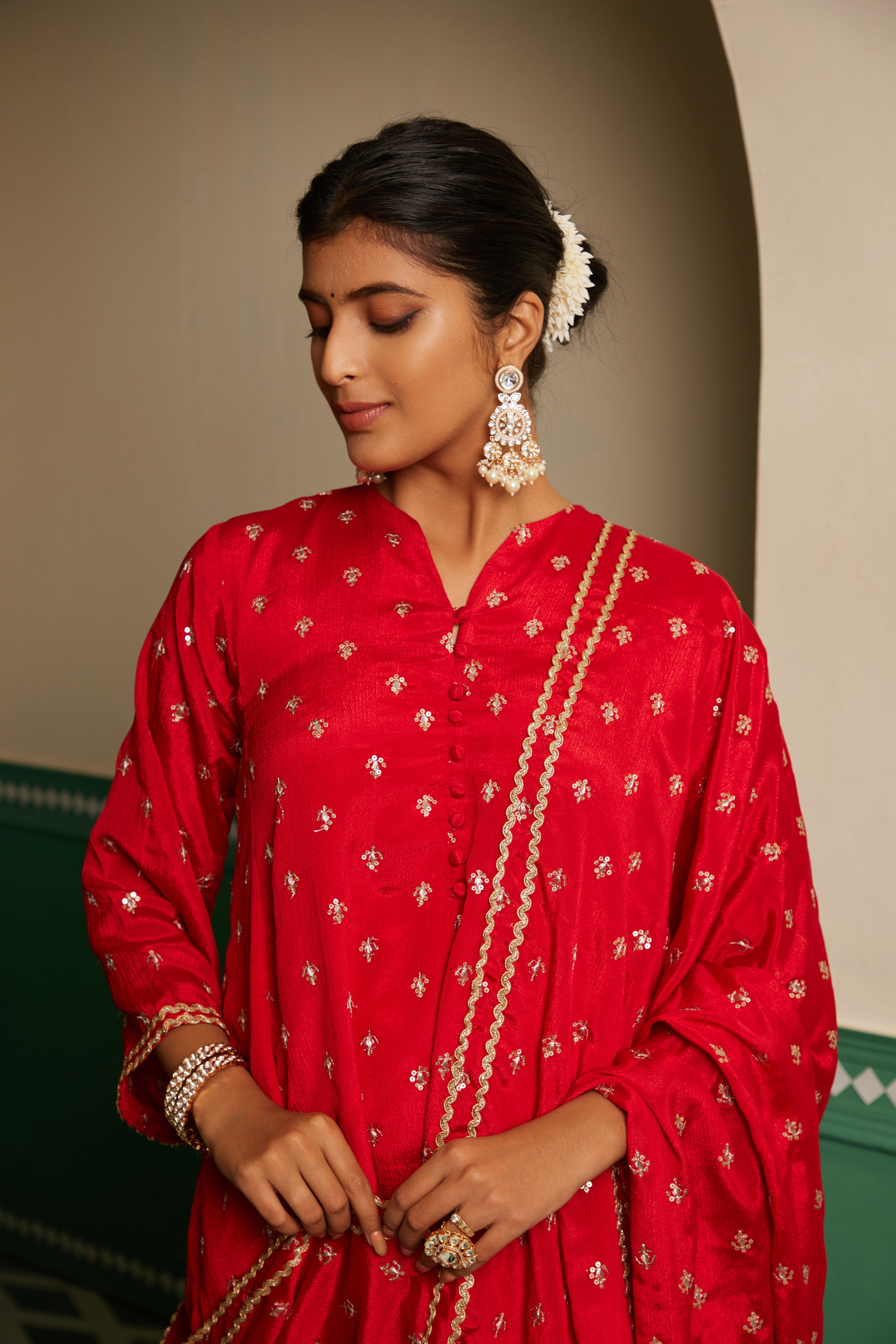 Sajda Red Embroidered Flared Kurta