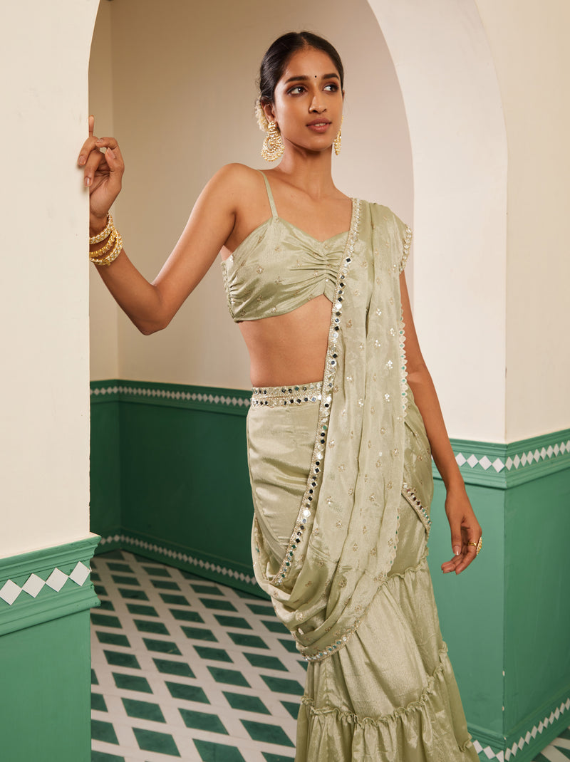 Sajda Sage Green Embroidered Gharara Sari Set