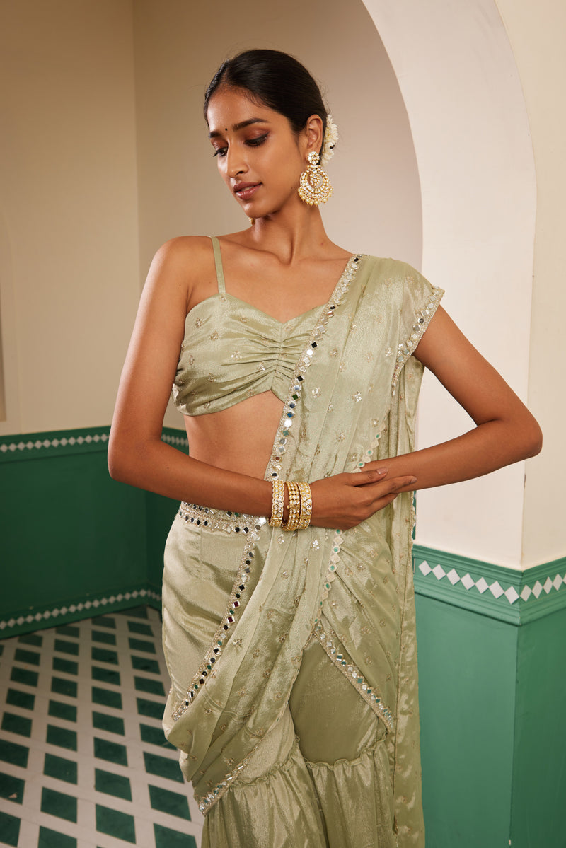 Sajda Sage Green Embroidered Gharara Sari Set