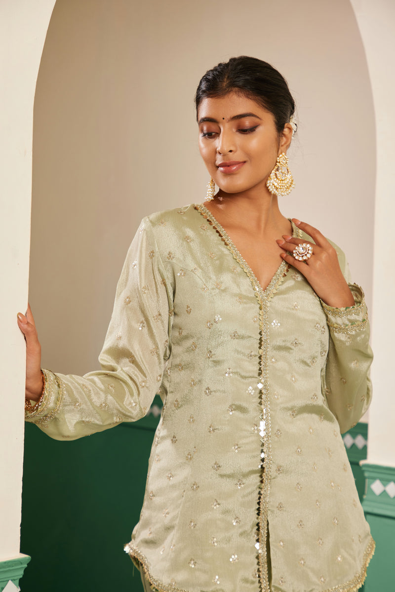 Sajda Sage Green Embroidered Jacket kurta