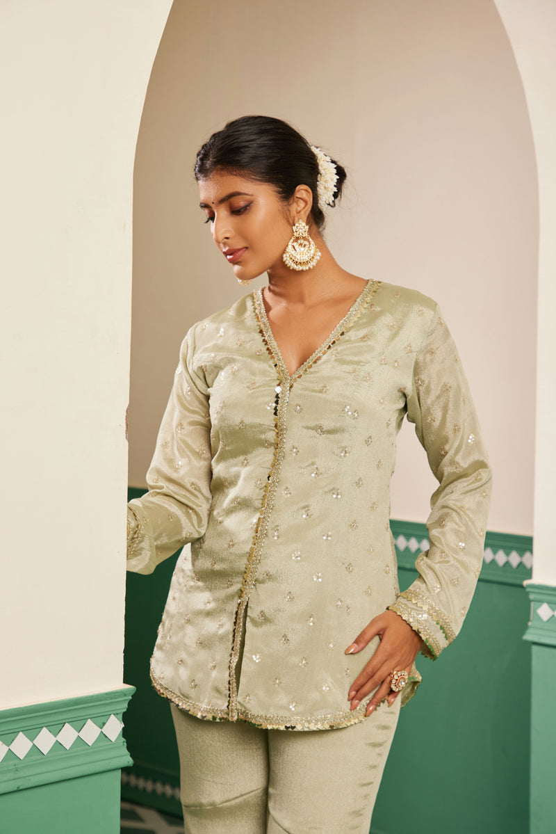 Sajda Sage Green Embroidered Jacket kurta
