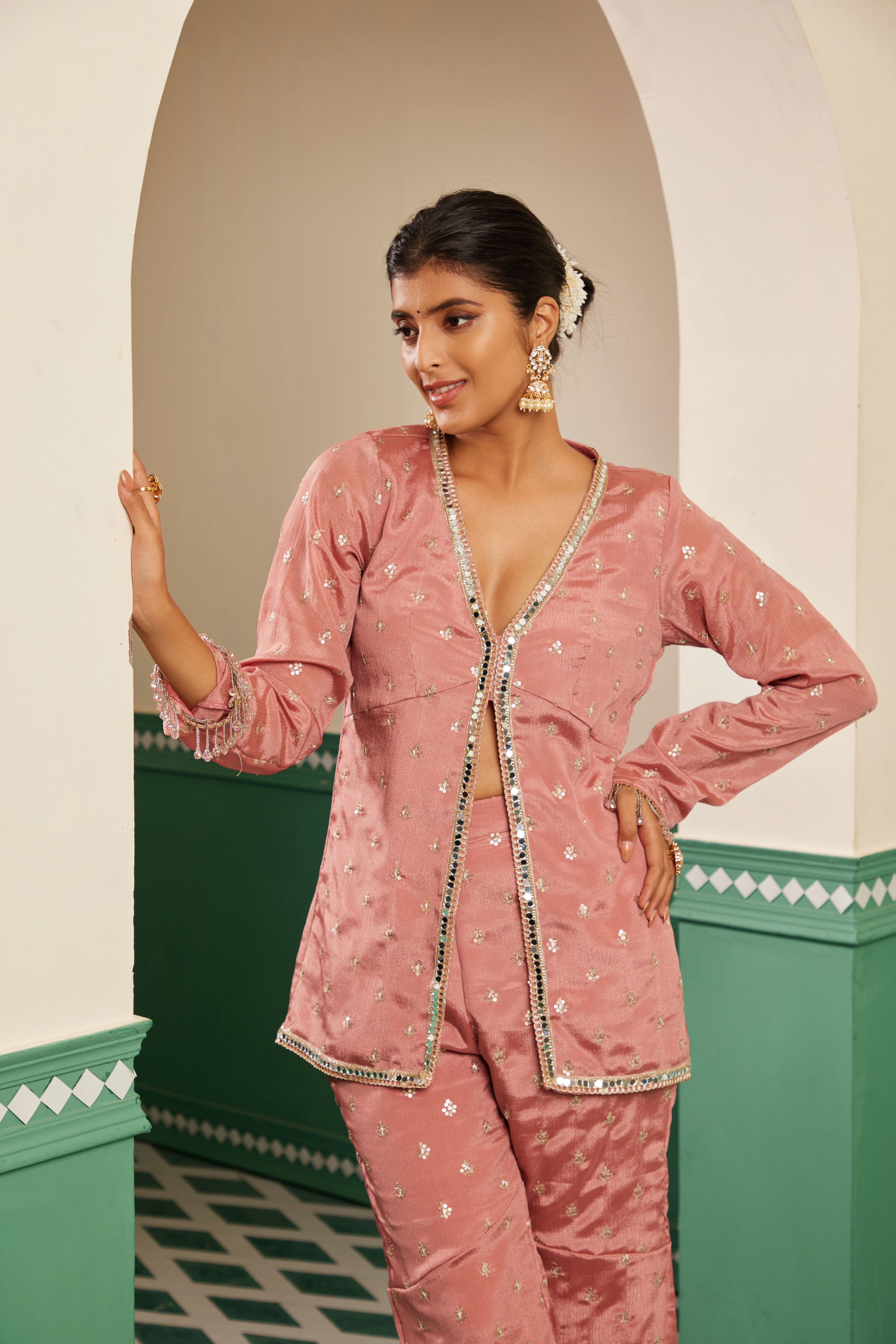 Sajda Onion Pink Embroidered Front Slit Kurta