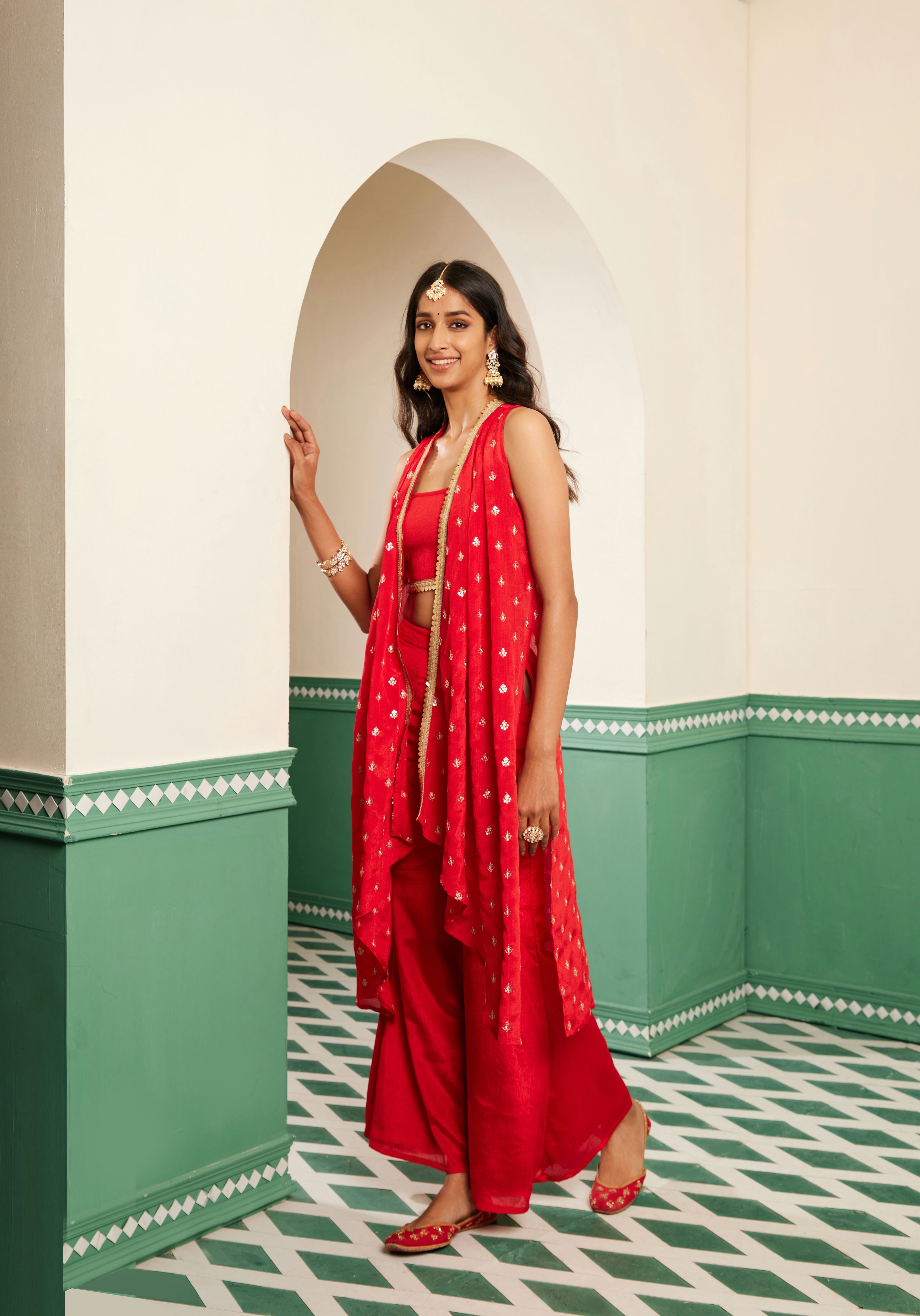 Sajda Red Embroidered Overlay Set