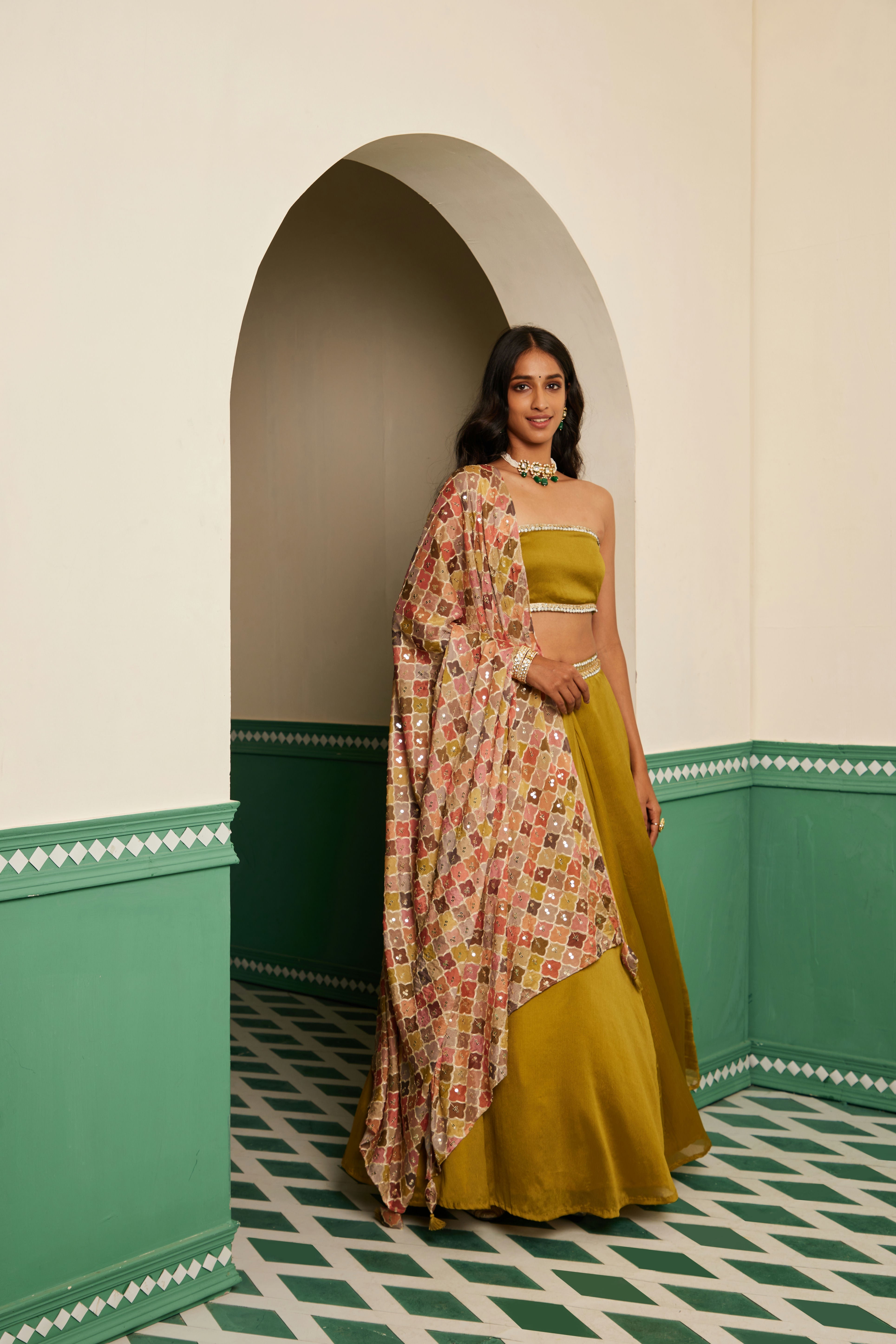 Sajda Olive Green Mirrorwork Lehenga Skirt