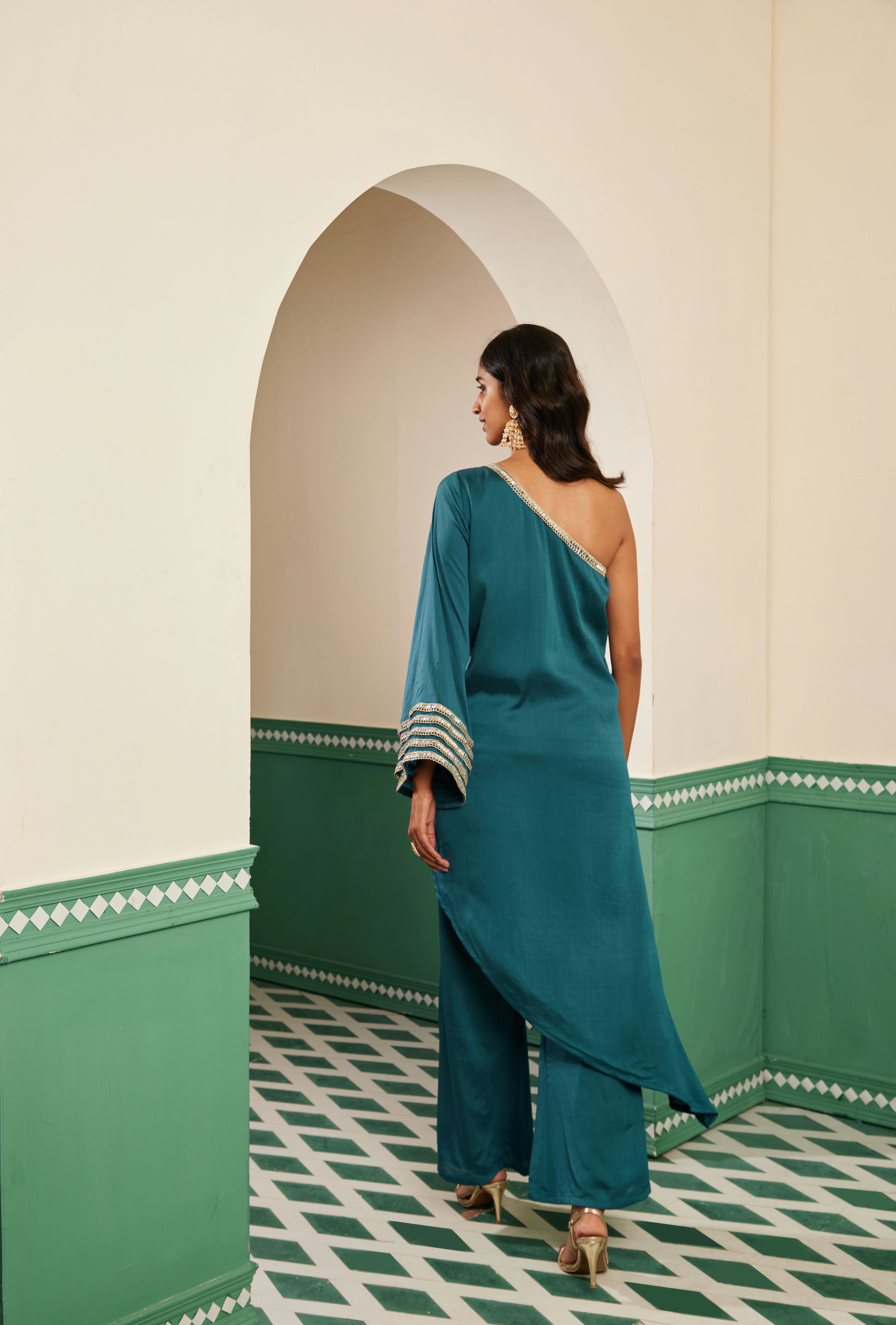 Sajda Teal Mirrorwork One shoulder Kurta