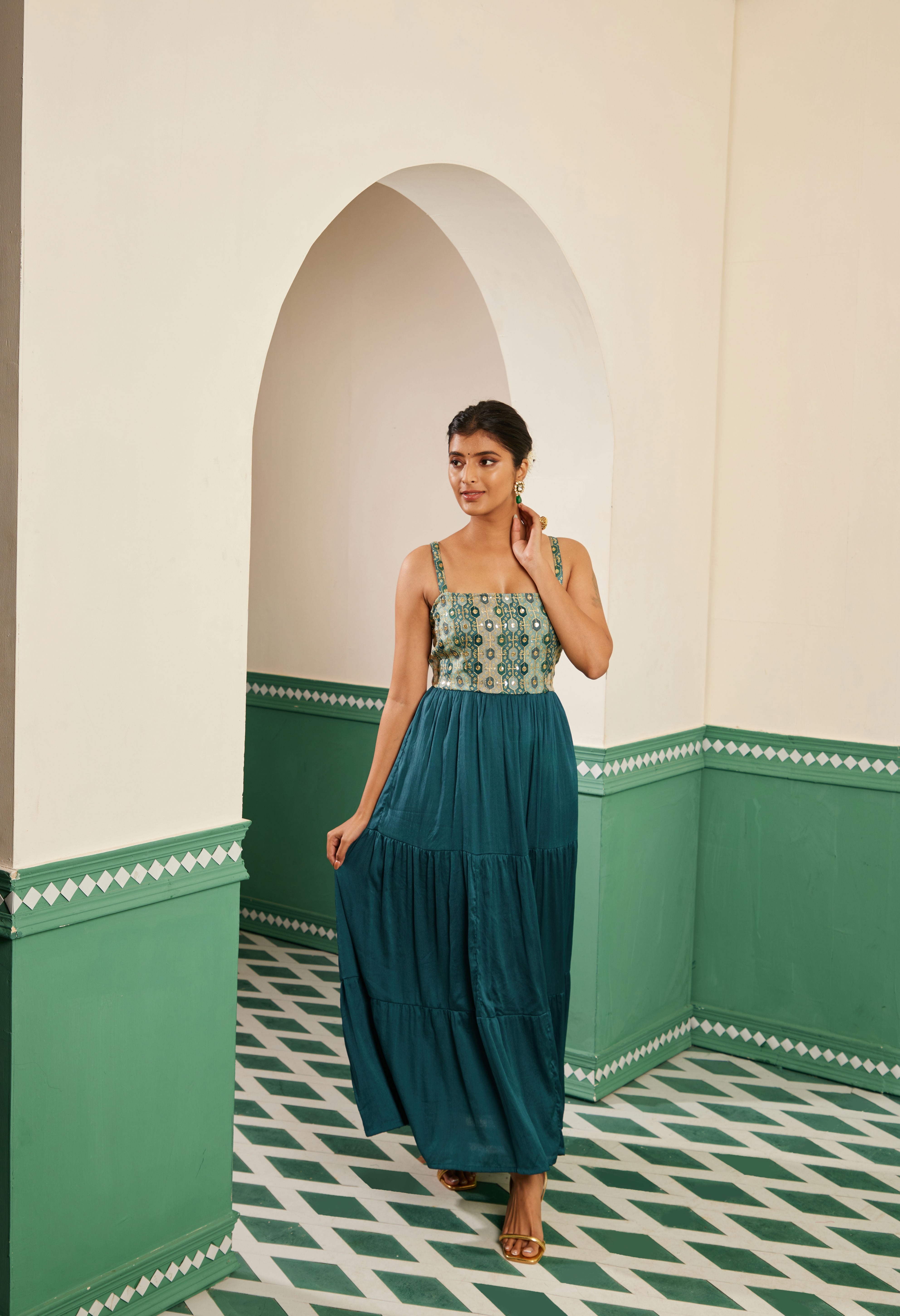 Sajda Teal Embroidered Maxi Dress