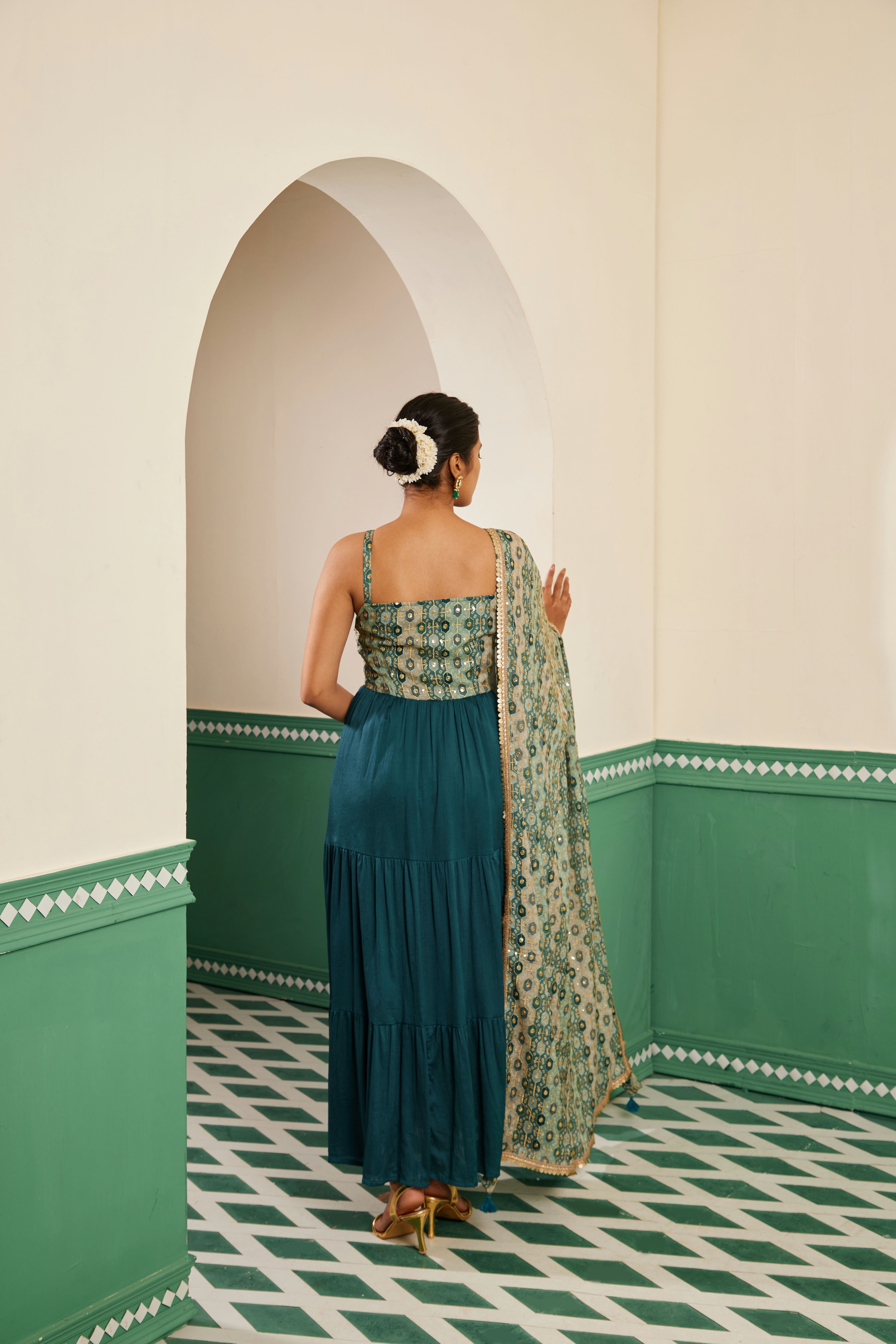 Sajda Teal Embroidered Maxi Dress