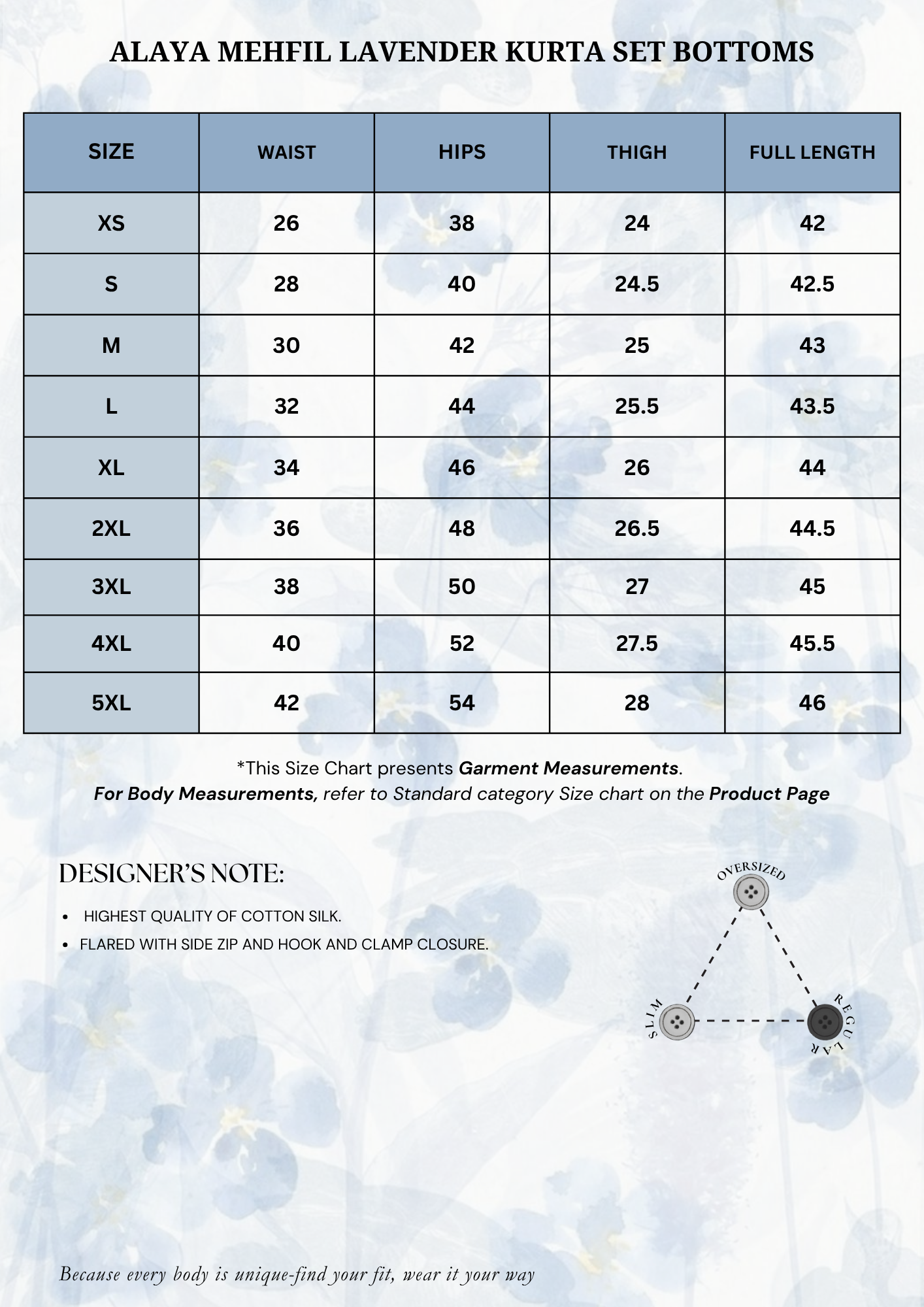 Size chart for Alaya Mehfil Lavender Kurta Set Bottoms with measurements in inches.