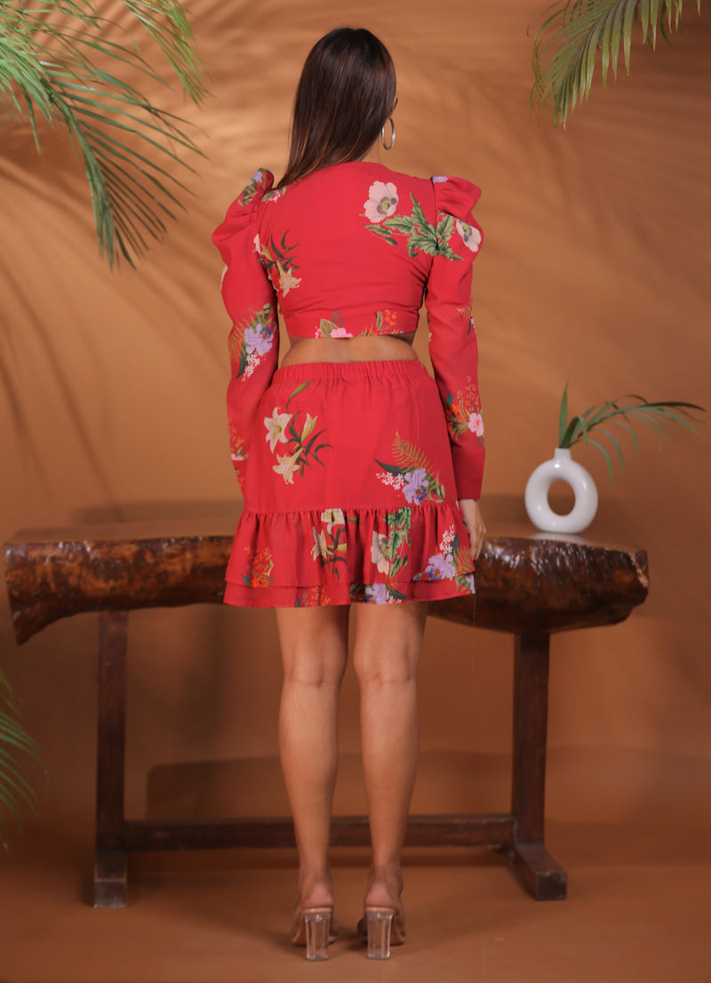 Cherry Floral Printed Tiered Skirt