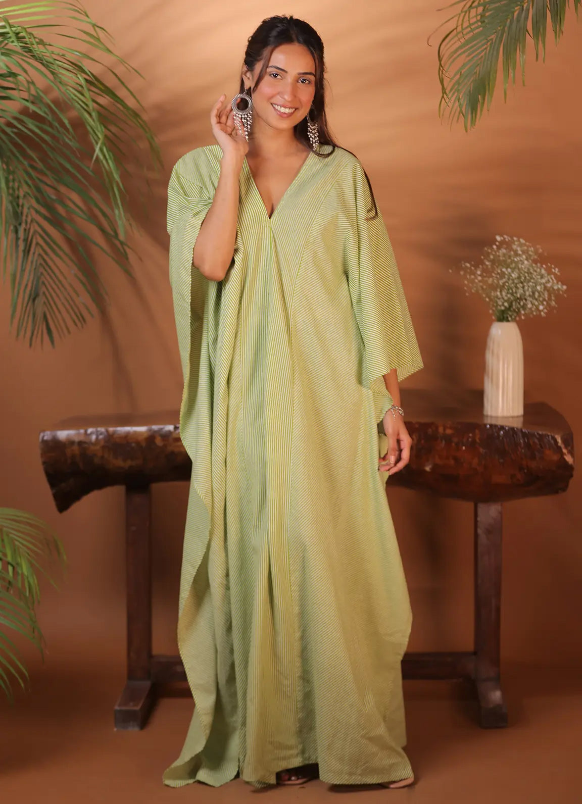 Green Striped Cotton Kaftan