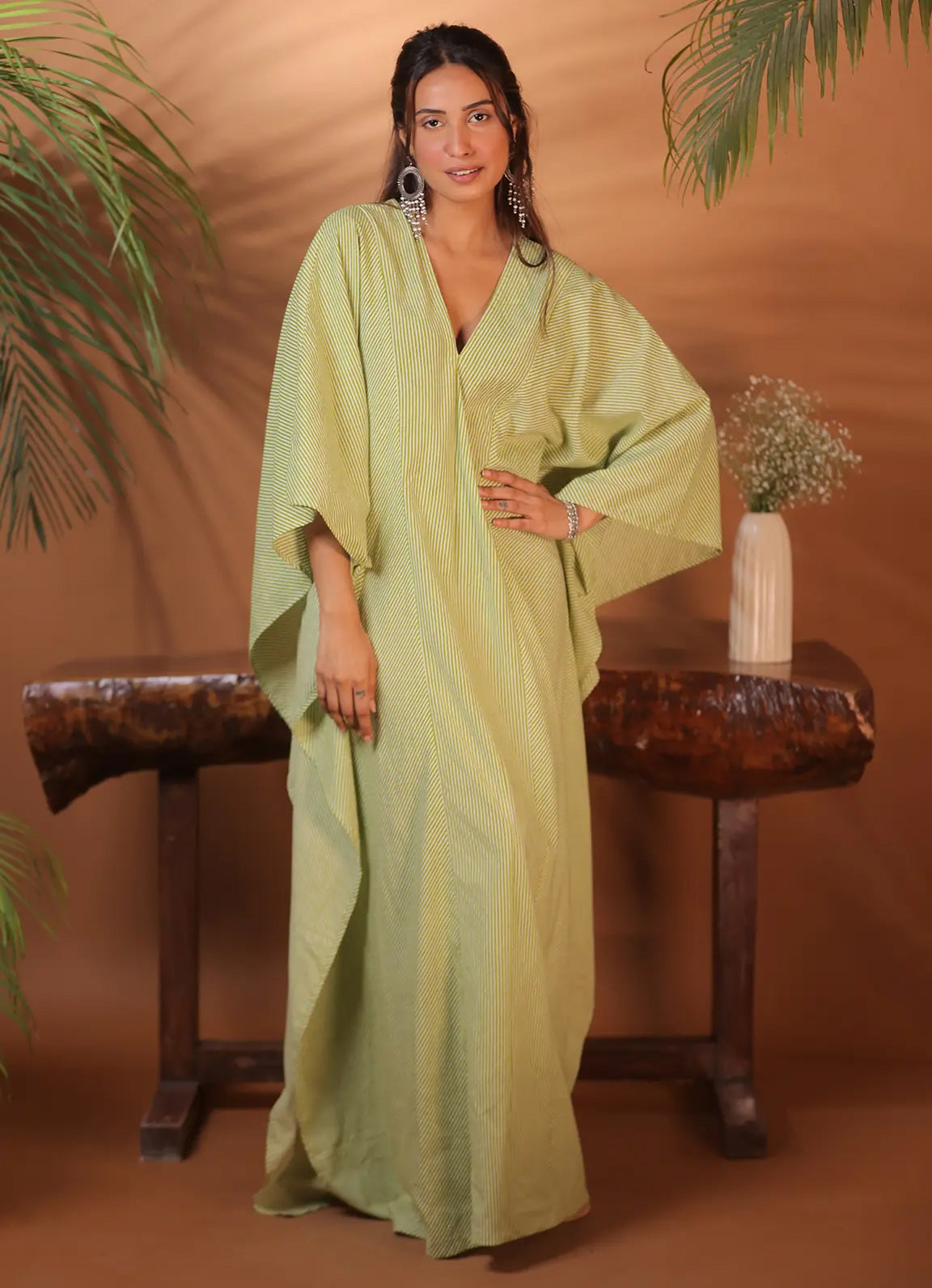 Green Striped Cotton Kaftan