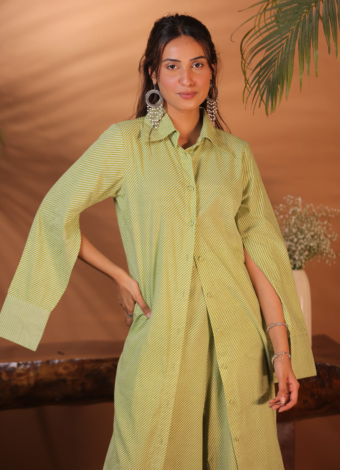 Green Striped Cotton Long Shirt