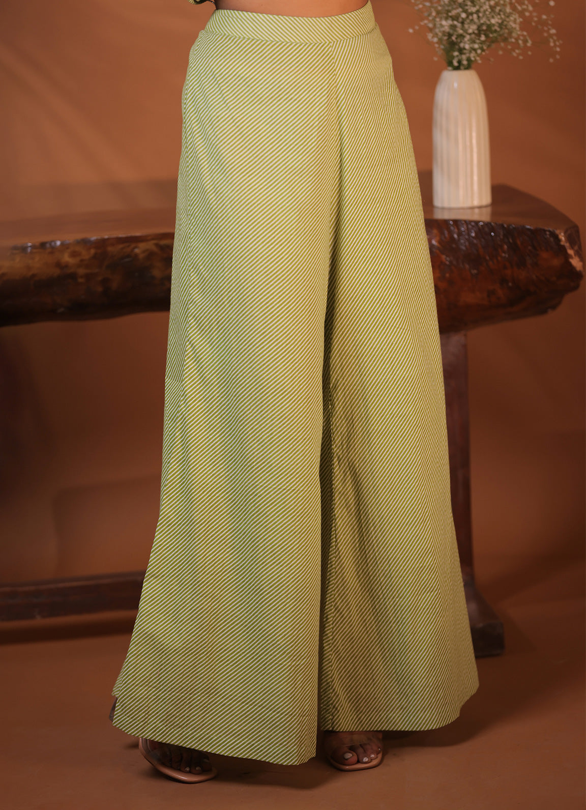 Green Striped Cotton Wide Leg Pants