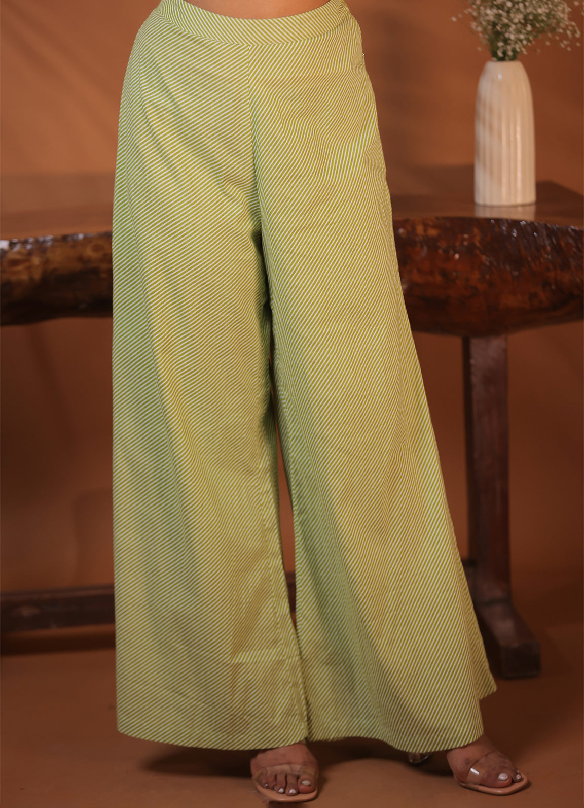 Green Striped Cotton Wide Leg Pants