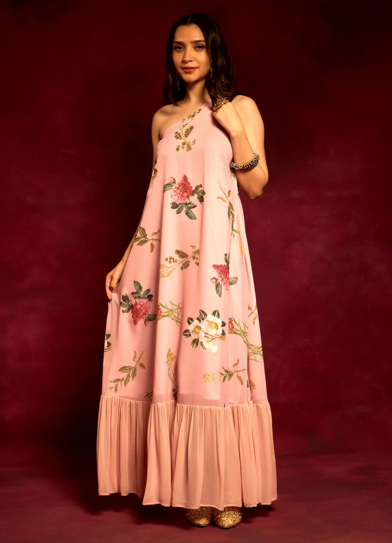 Rose Floral One-Shoulder Dress