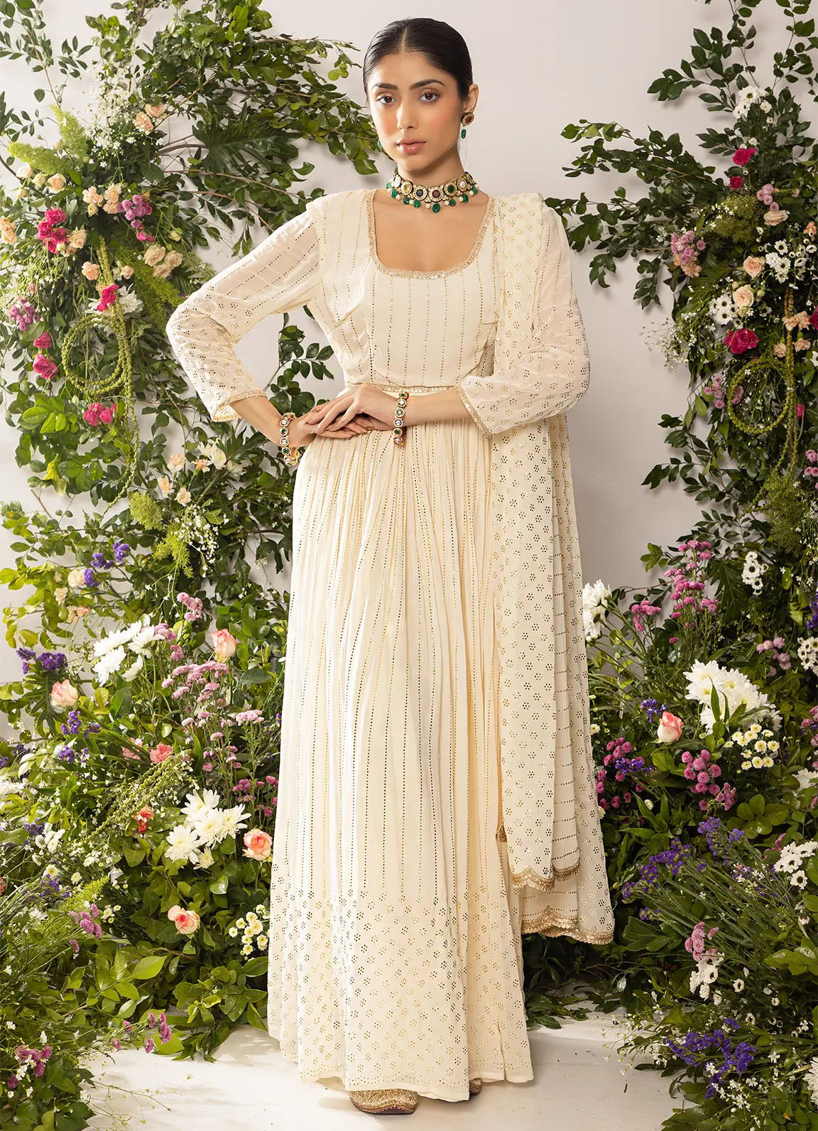 astoria Ivory Mukaish Work Anarkali with Dupatta