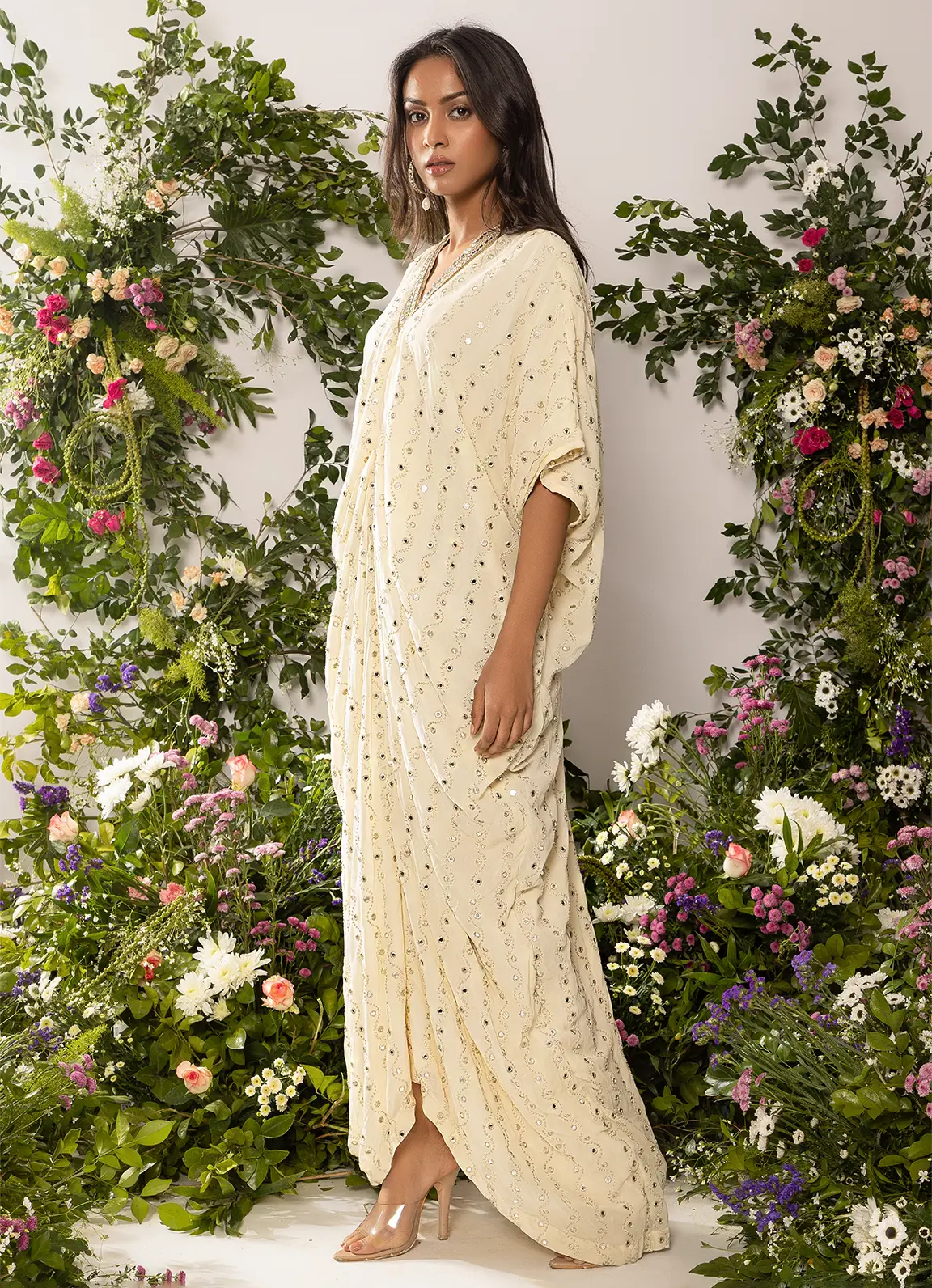 astoria Ivory Mirror Work Drape Kaftan