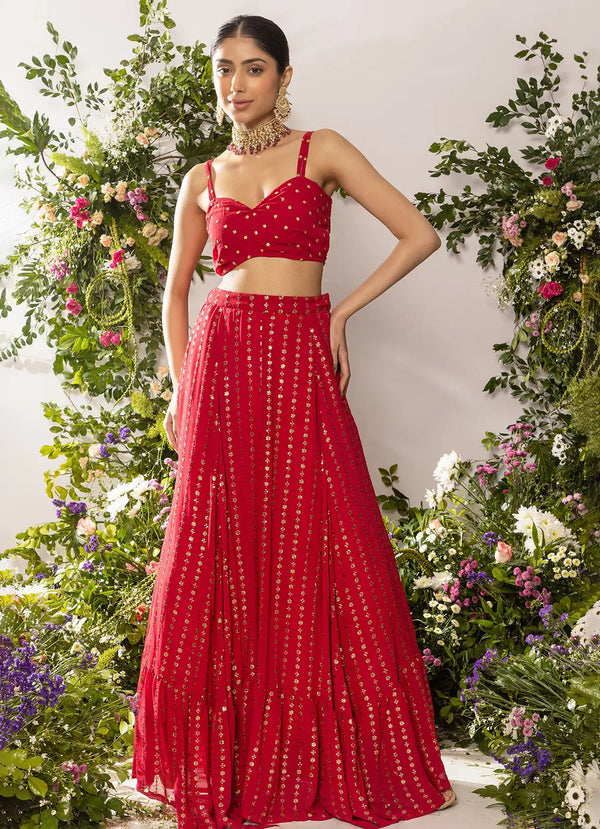 astoria Red Striped Sequin Lehenga Skirt
