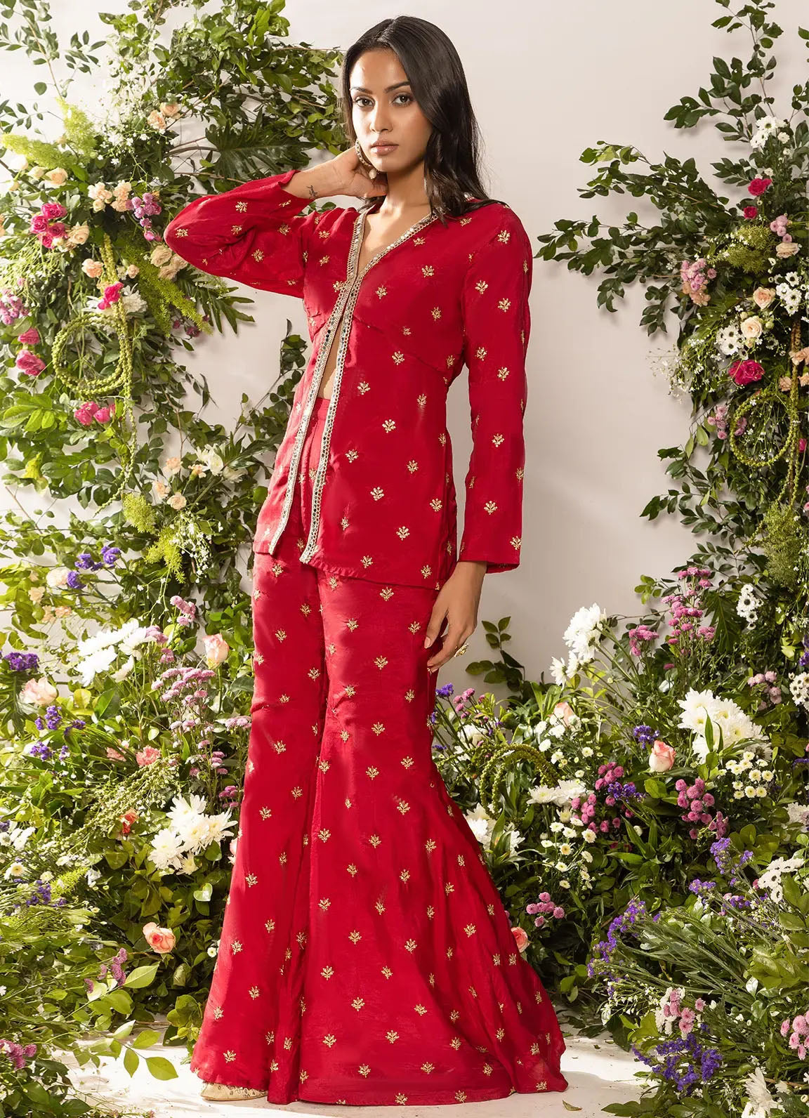 Astoria Red Zari Motif Front Slit Kurta with Gharara