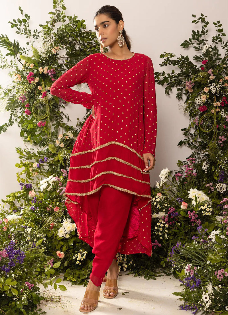 astoria Red High Low Floral Sequin Kurta