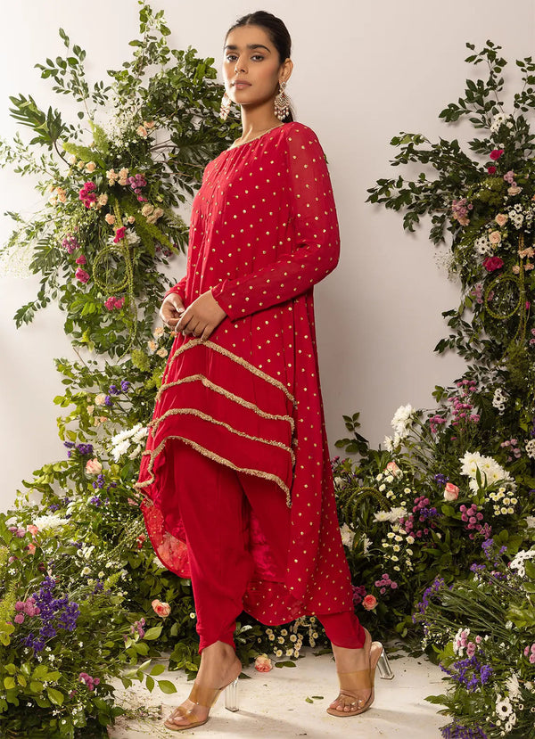 astoria Red High Low Floral Sequin Kurta