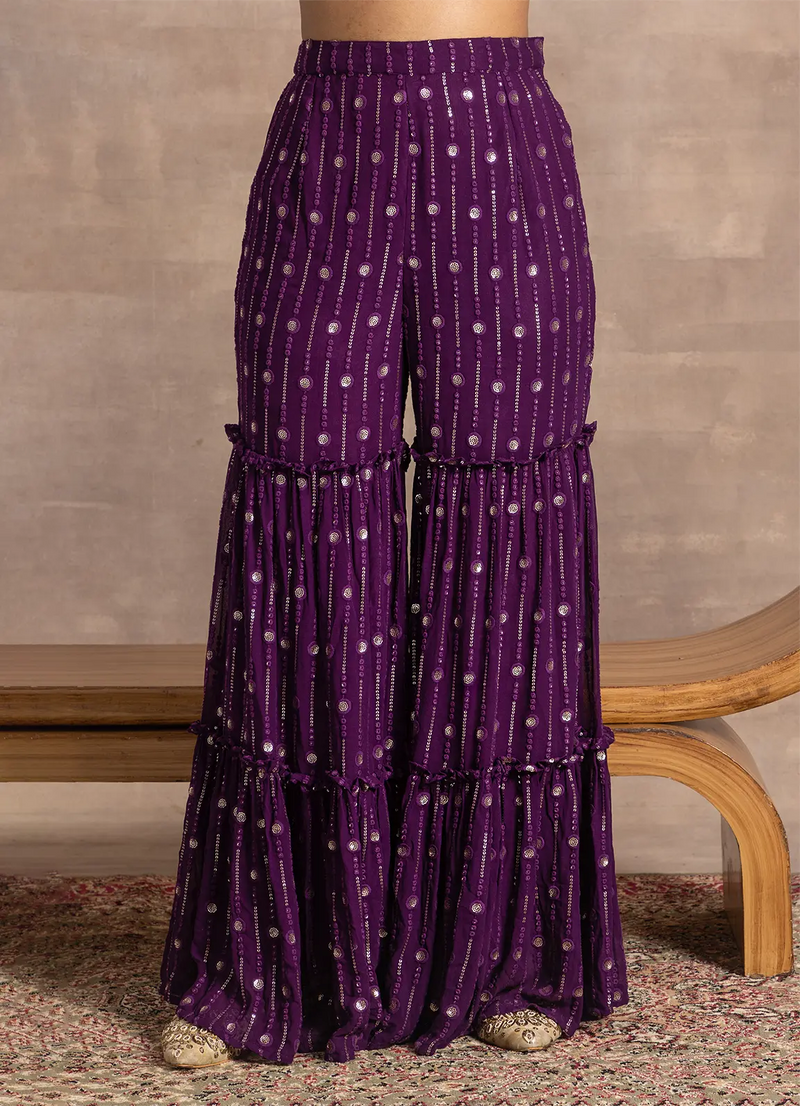 astoria Purple Striped Sequin Tiered Gharara