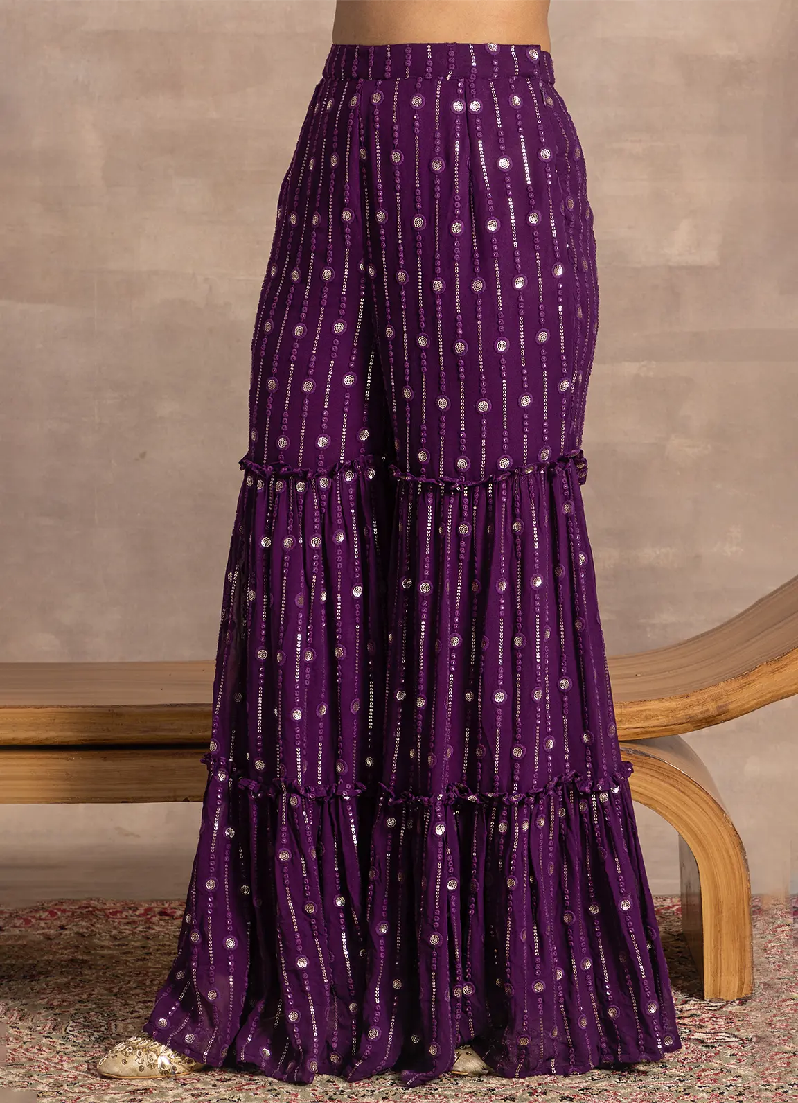 astoria Purple Striped Sequin Tiered Gharara