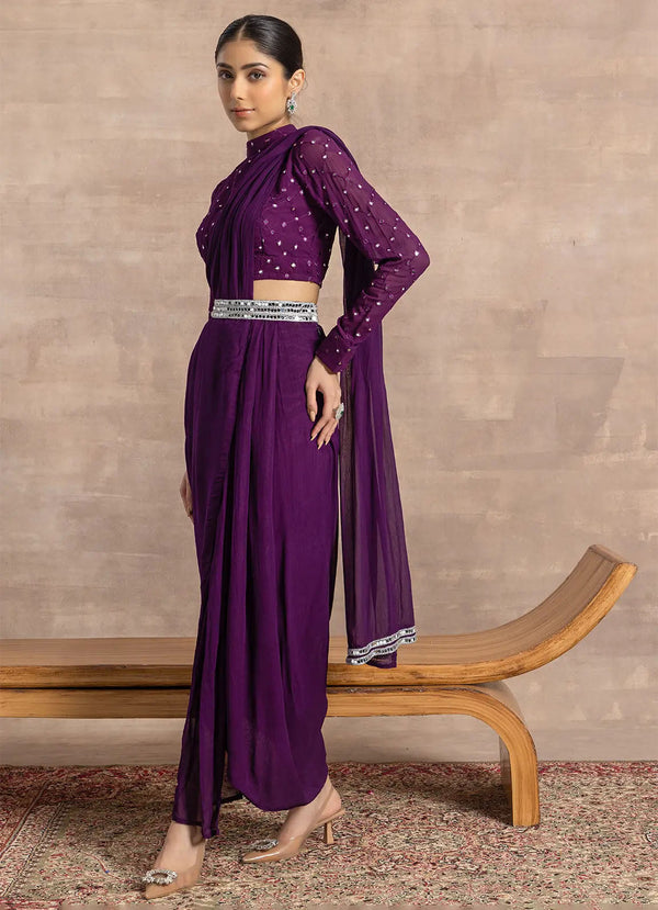 astoria Purple Mirror Work Drape Sari