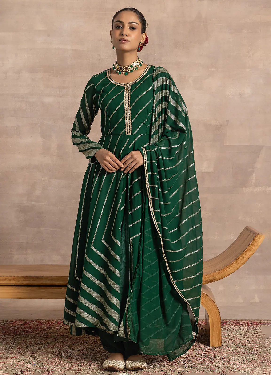 Astoria Emerald Foil Striped Dupatta